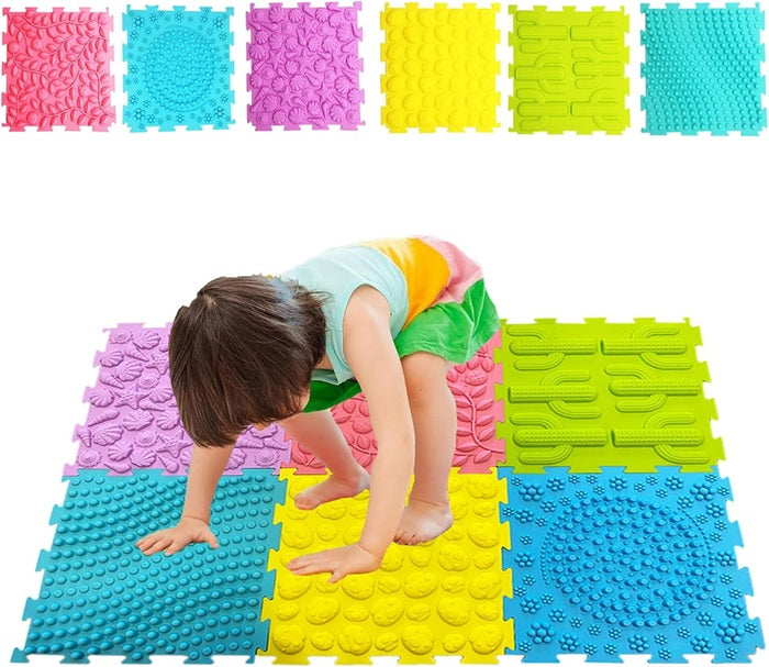 Rainbow Textured Sensory Floor Mats for Kids – Puzzle Massage Play Tiles (6 Pack)