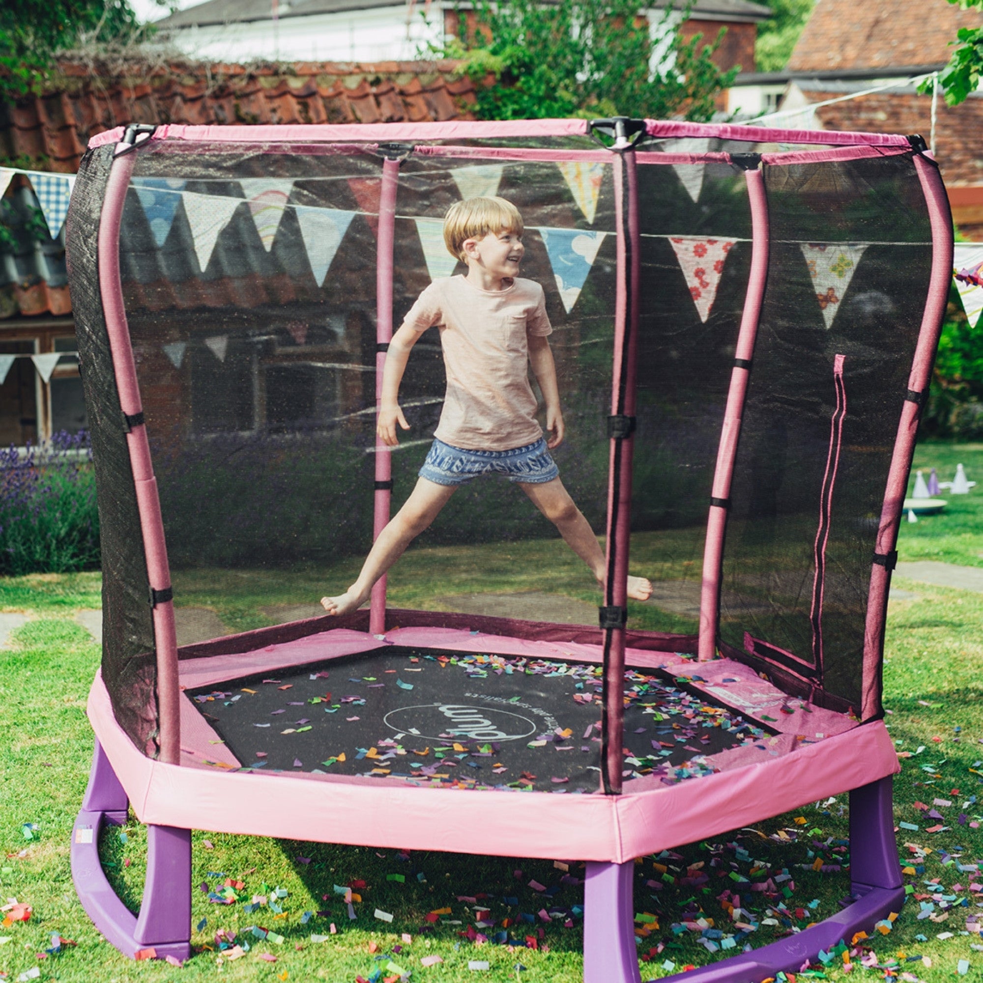 Plum 7ft Junior Jumper Trampoline with Enclosure, Safety Net and Foam Pad Protection, Stable Recreational Outdoor Toy with UV, Rust + Weather Protection, Suitable for Kids 3 Years and Above, Pink