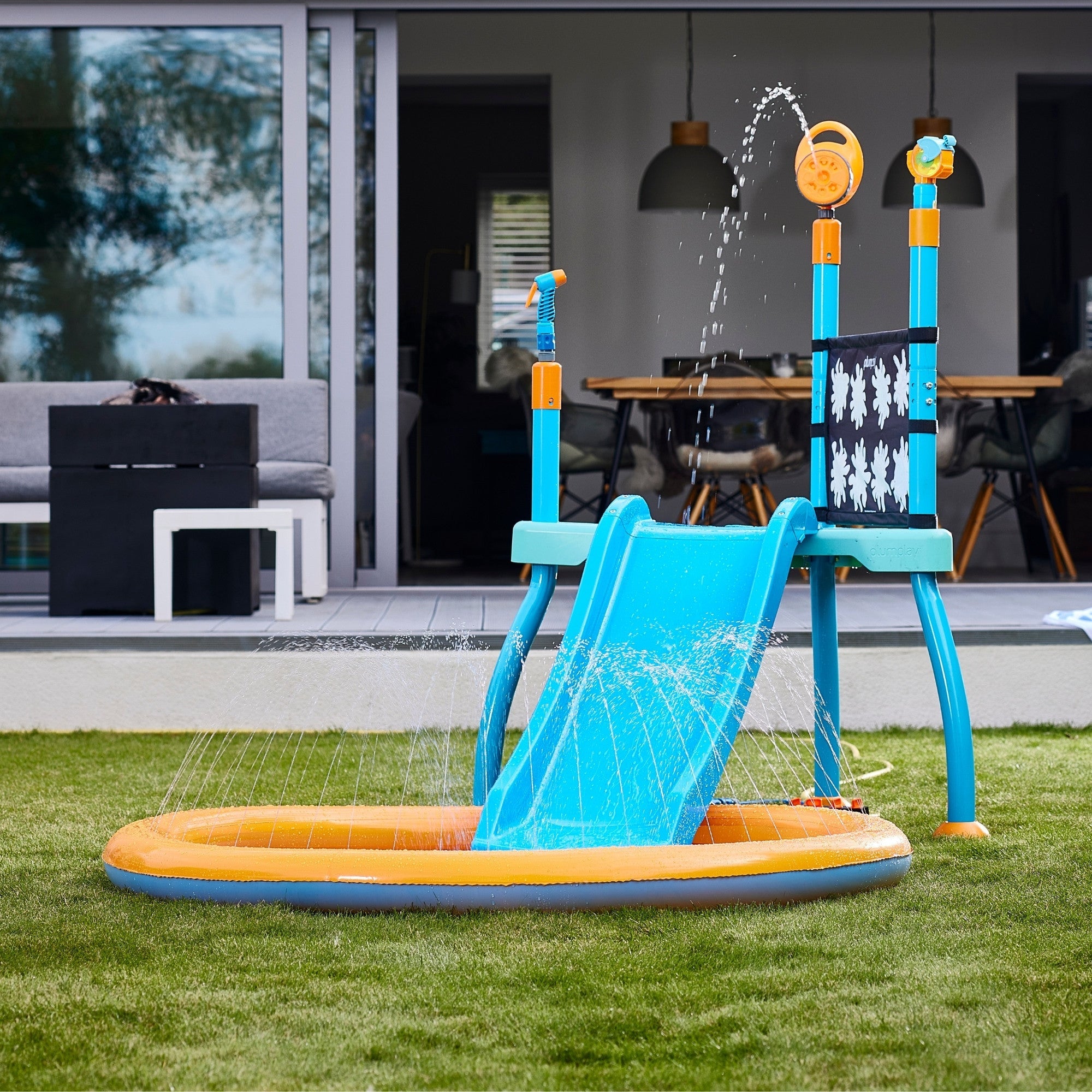 Plum Water Park Splash Station, Summer Outdoor Water Play Backyard Toy with 4ft Water Slide, Splash Pad, Bubble Blower, Revealing Wall and Water Sprinkler Accessories, Suitable for Children 3 Years +
