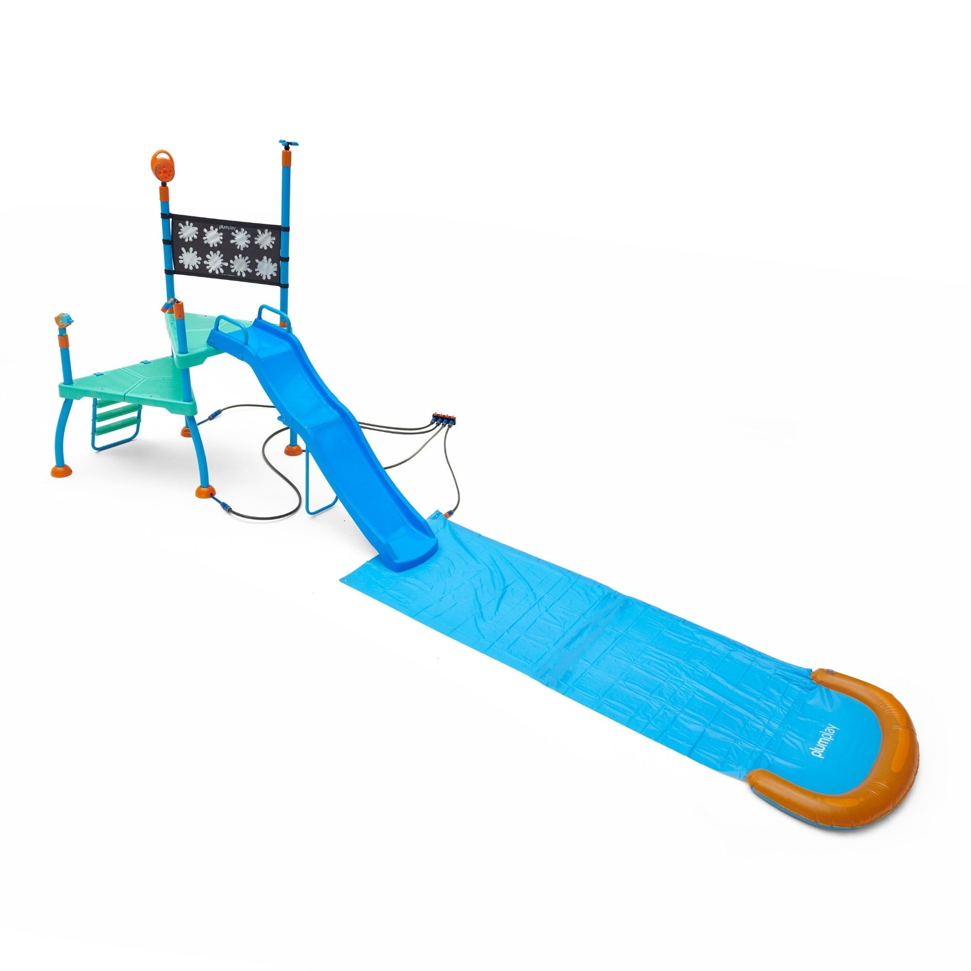 Plum Water Park Shower Tower, Summer Outdoor Water Play Backyard Toy with 6ft Water Slide, 3m Chute, Bubble Blower, Colour Revealing Wall and Water Sprinkler Accessories, for Children 3 Years +