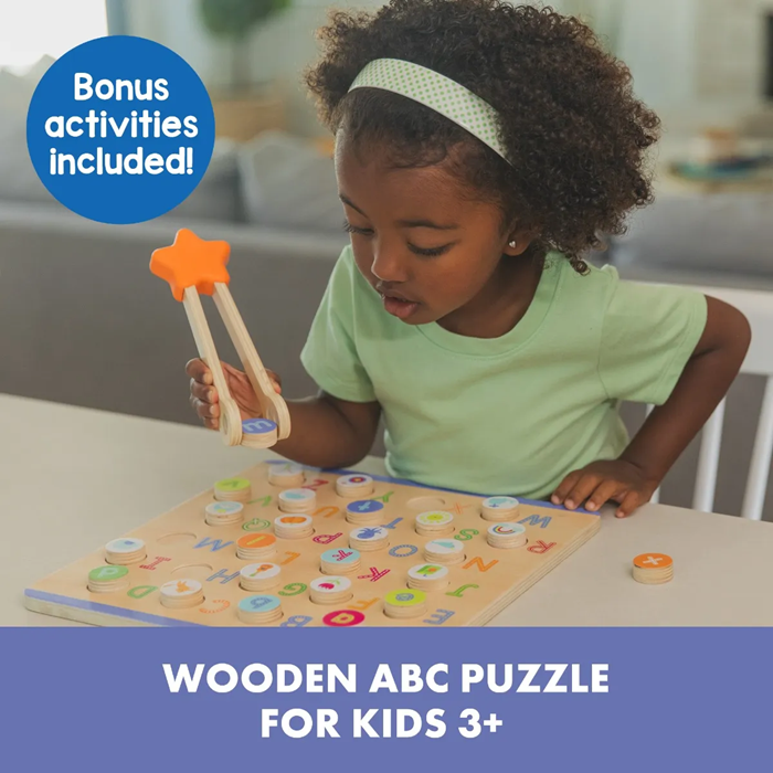 Educational Insights - ABC & Letter Sounds Wooden Puzzle – Wooden Alphabet Learning Puzzle with Letter Sounds & Fine Motor Tweezers (Ages 3+)