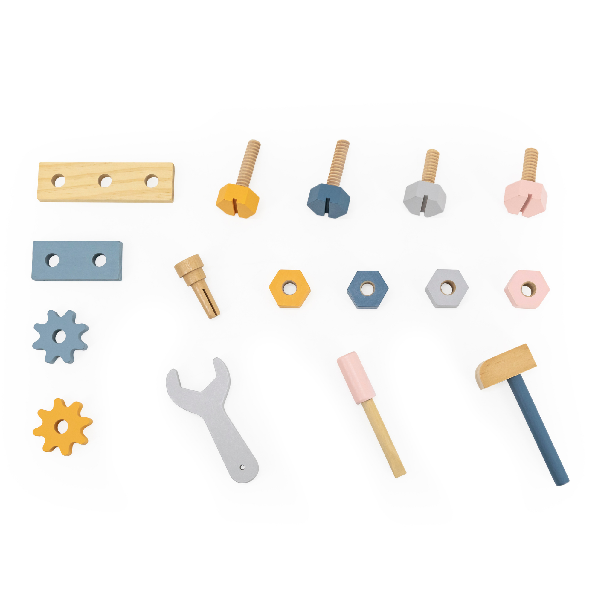 PolarB Wooden Tool Kit for Kids Aged 3 and Up Polar Bear Themed Pretend Play Toolbox with Hammer, Wrench, Screwdriver, Bolts, Nuts, Gears, and Panels