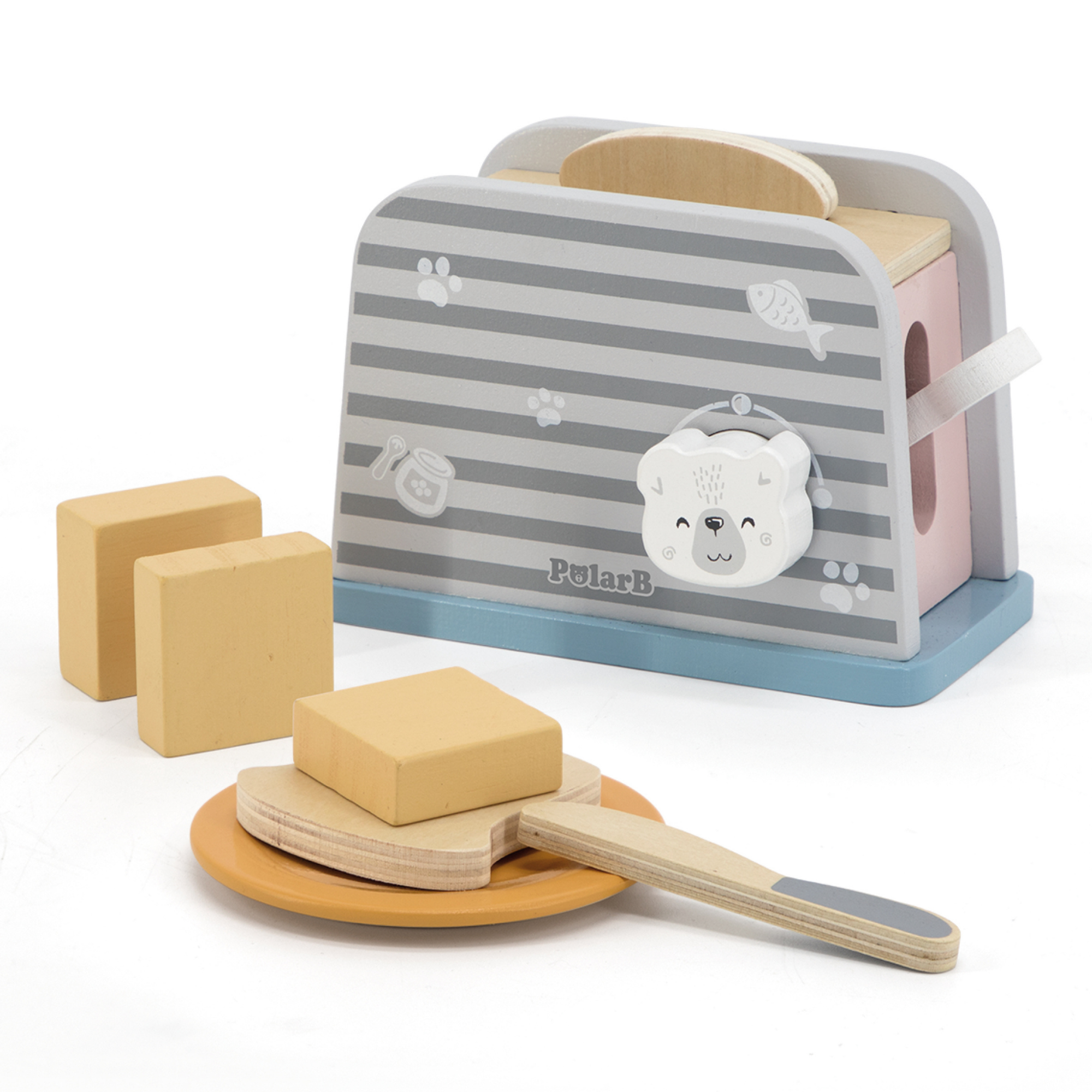 PolarB Wooden Toaster Set for Kids Aged 3 and Up Includes Toaster, 2 Bread Slices, Plate, Knife, and Butter Pieces Realistic Pretend Play Kitchen Toy