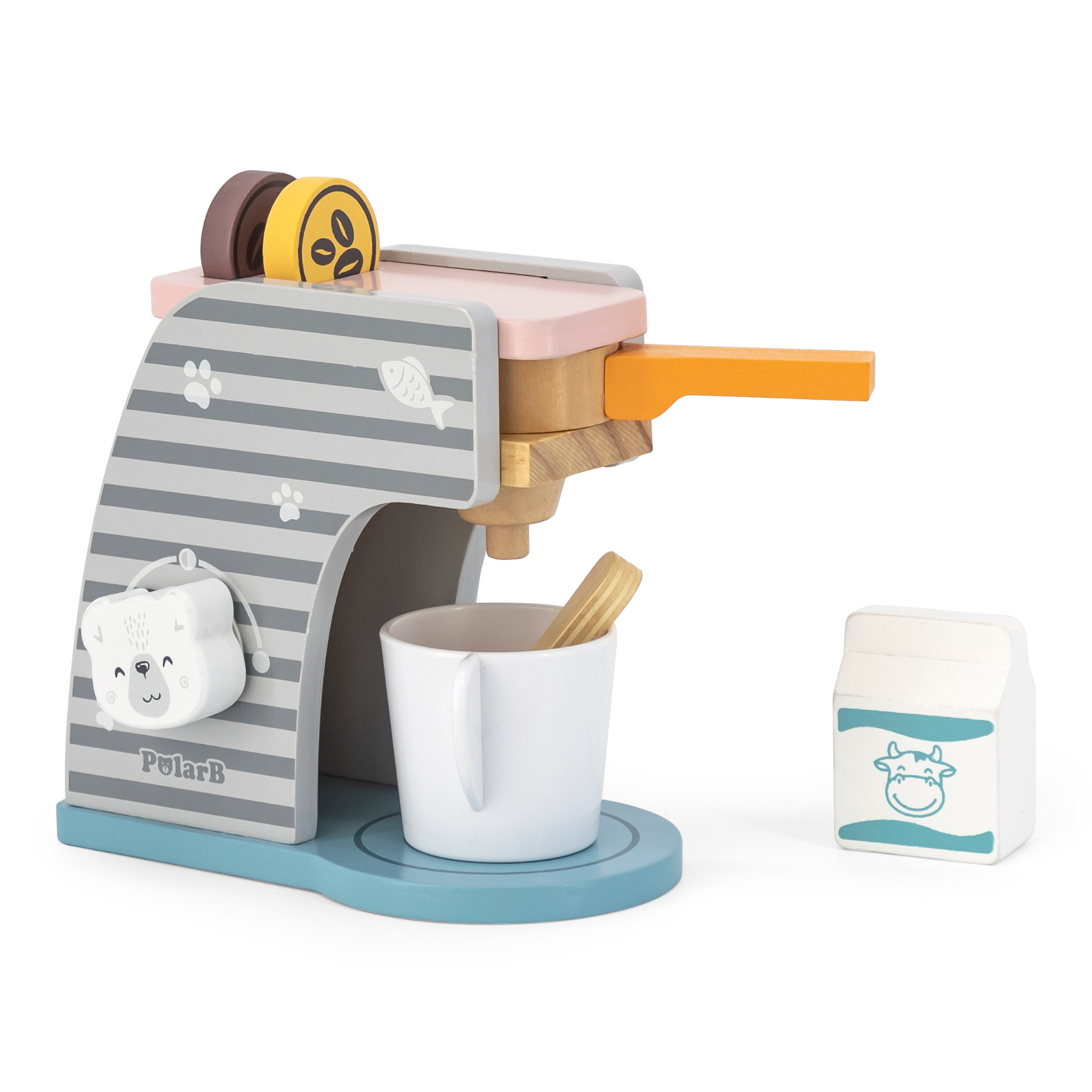 PolarB Wooden Coffee Machine Set for Kids Aged 3 and Up  Pretend Play Barista Toy with Cup, Spoon, Milk Bottle, and Coffee Beans