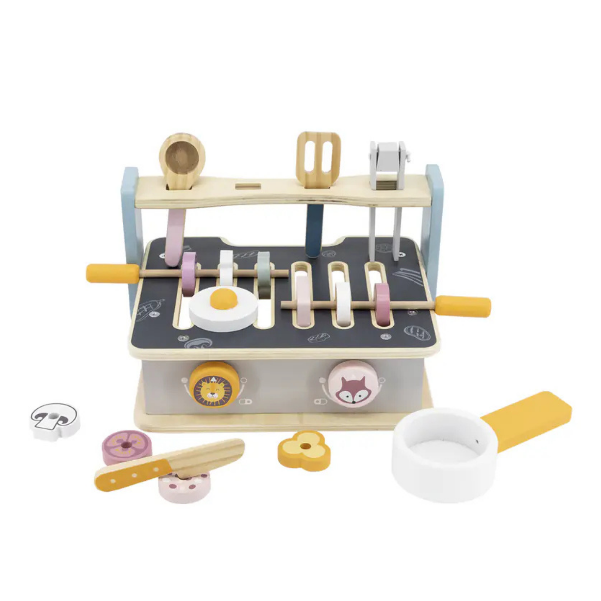 PolarB Foldable Wooden Stove and BBQ Toy for Kids Aged 2 and Up  2-in-1 Kitchen and Barbecue Playset with Utensils and Food Pieces