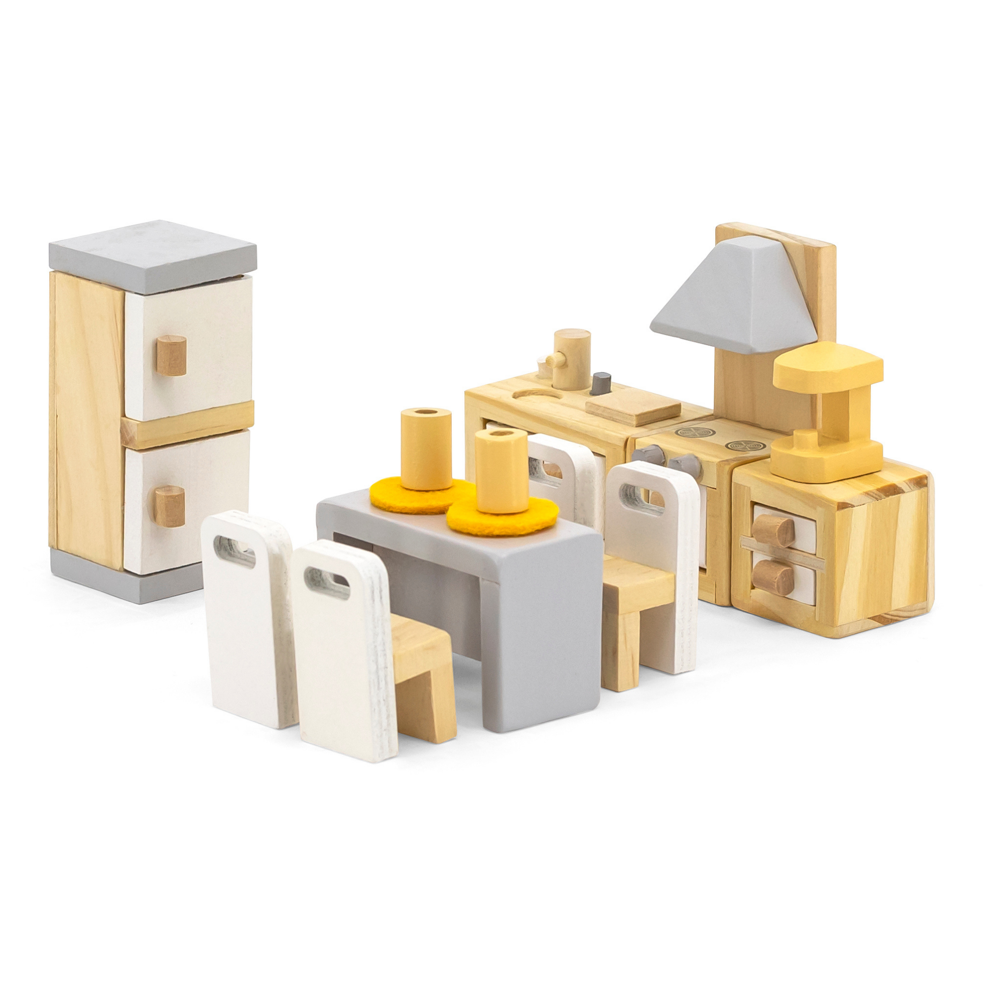 PolarB Wooden Kitchen and Dining Room Dollhouse Furniture Set for Ages 3 and Up 16-Piece Roleplay Toy to Inspire Creativity and Social Skills