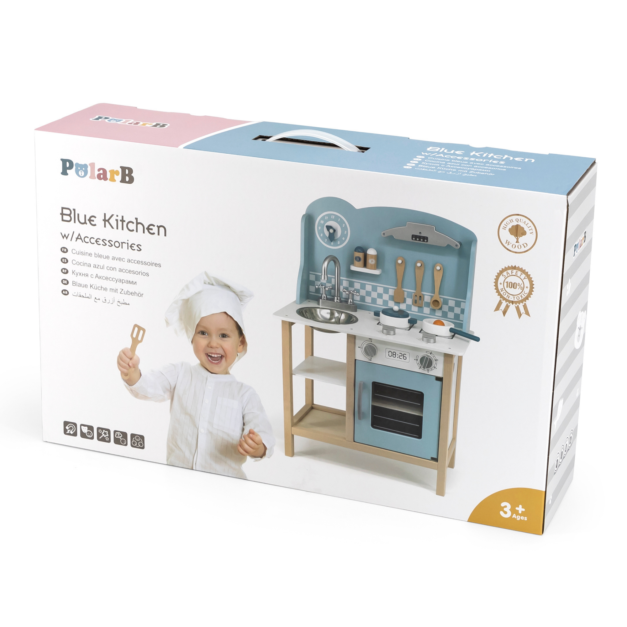 PolarB Wooden Blue Kitchen with Accessories for Ages 3 and Up  Roleplay Toy to Develop Creativity, Imagination, and Social Skills