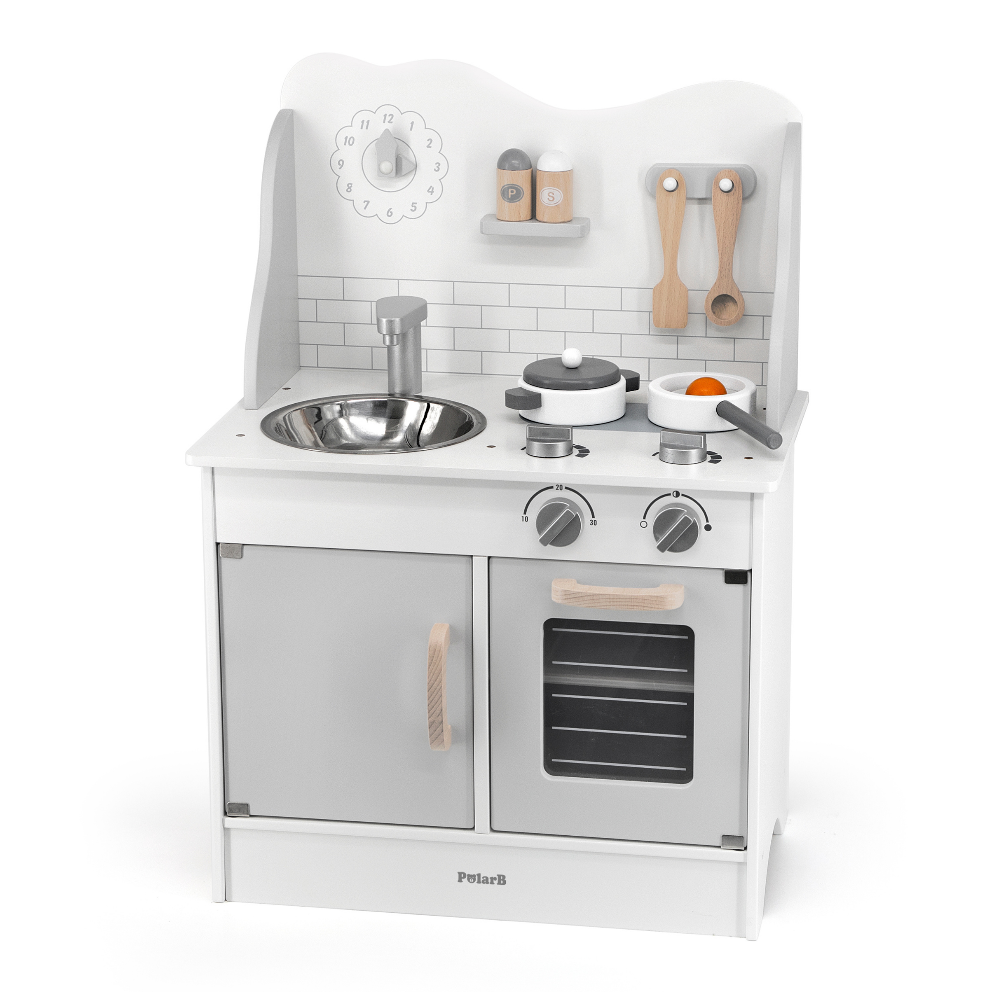 PolarB Wooden Grey Kitchen Play Set with Accessories for Kids Ages 3 and Up  Roleplay Toy with Sink, Oven, Stove, and Cooking Tools