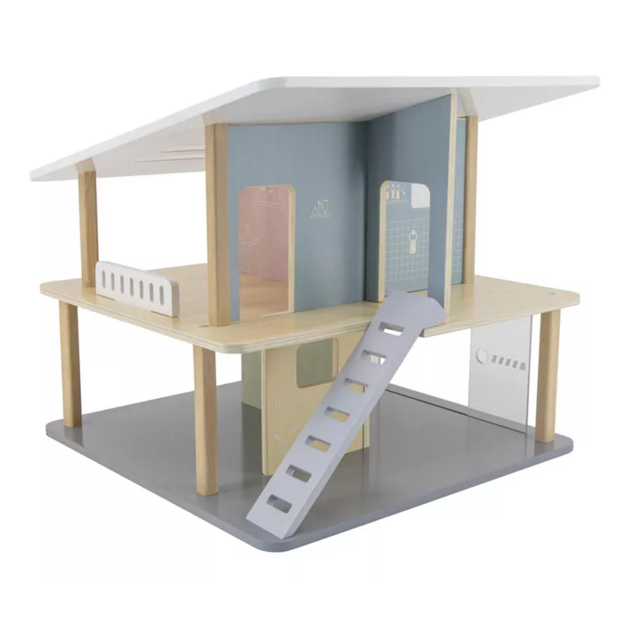 PolarB Wooden Holiday House Doll House, 2-Storey Playset with 5 Rooms, Patio and Staircases, Montessori Role Play Toy for Kids 3 Years+