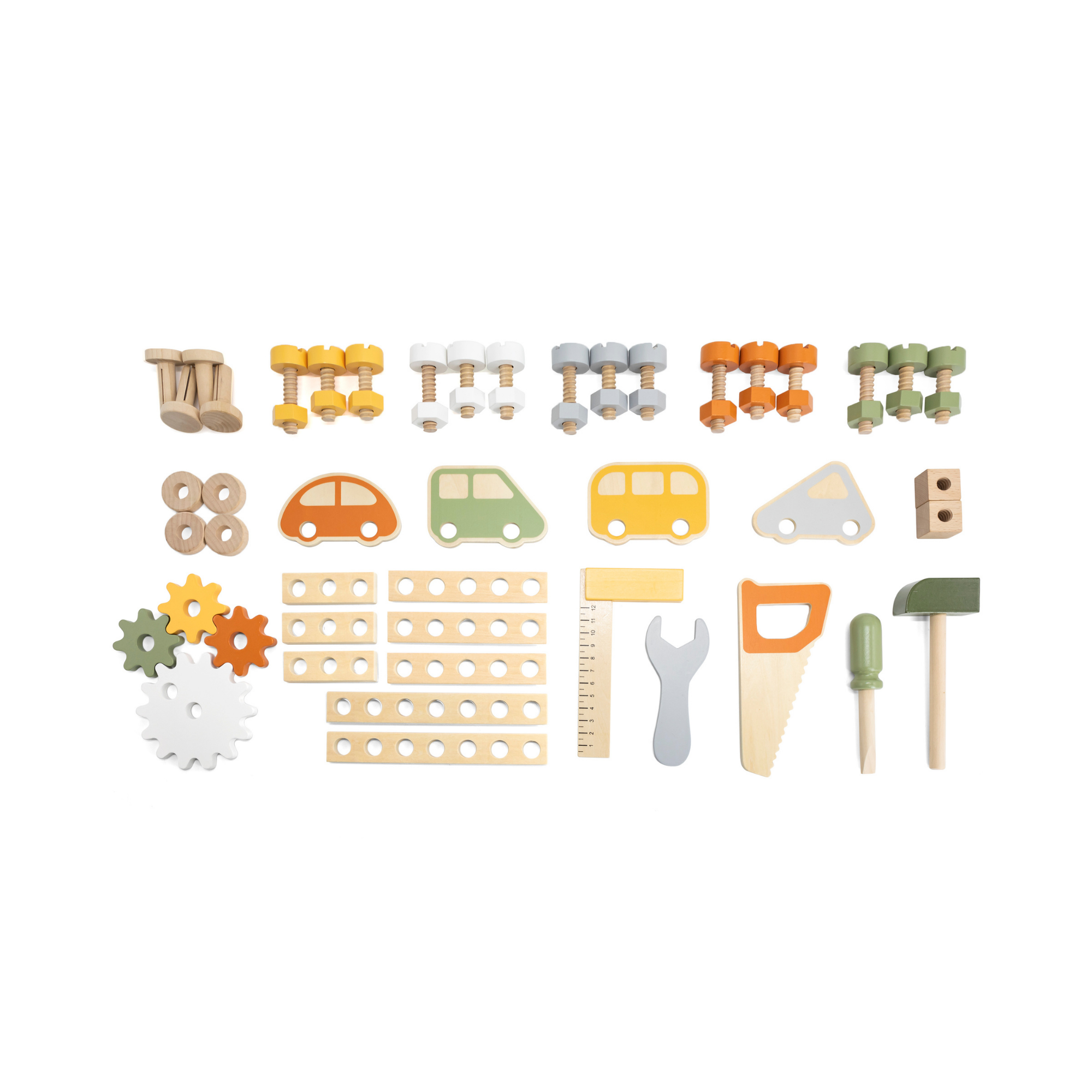 PolarB Wooden Tool Bench Play Set for Kids, Includes Saw, Hammer, Screwdriver, Gears and DIY Car Building Accessories, Encourages Imaginative Role Play and Fine Motor Skills