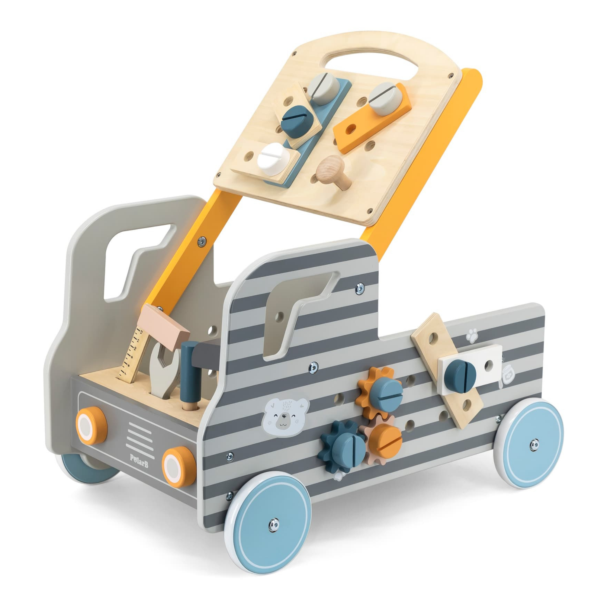 VIGA Wooden Truck Tool Bench, 2-in-1 Walker and Movable Tool Station with Accessories, Educational Construction and Role Play Toy for Kids 18 Months+