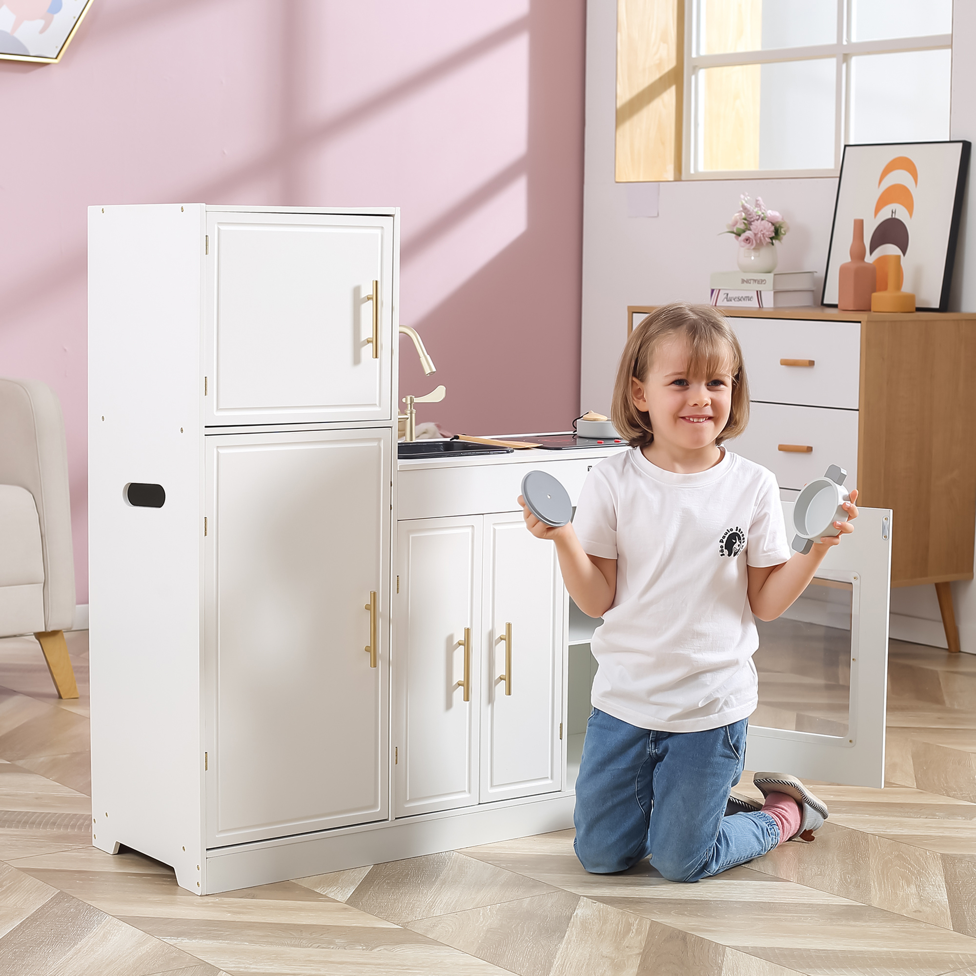 PolarB Modern Nordic Style Kitchen Playset with Light and Sound, Wooden Role Play Kitchen for Kids, Includes Refrigerator, Oven, Sink, Stove and Storage Cabinet