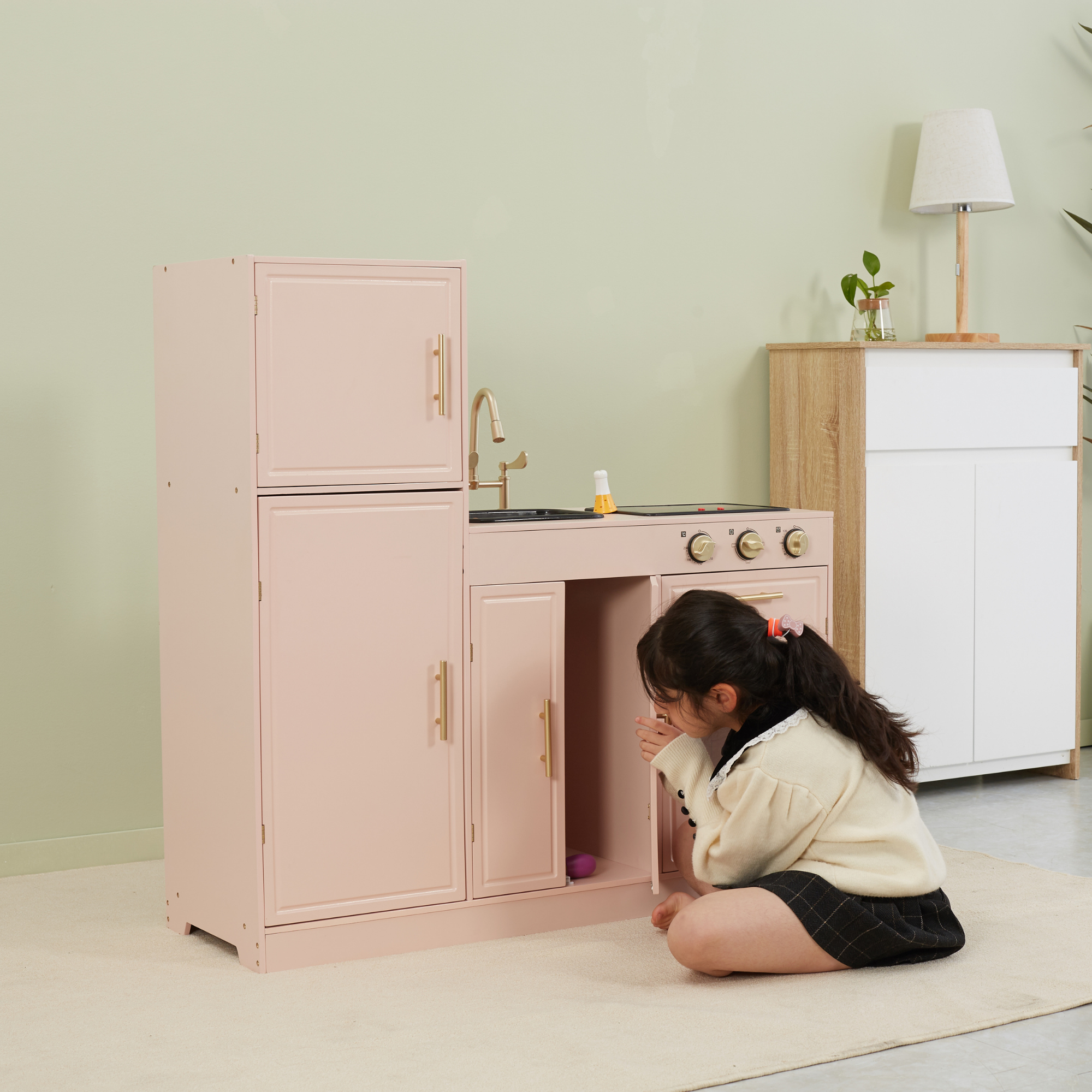 PolarB Scandinavian Style Wooden Play Kitchen with Light and Sound, Includes Refrigerator, Oven, Sink, Stove and Storage Cabinet, Educational Role Play Kitchen for Kids