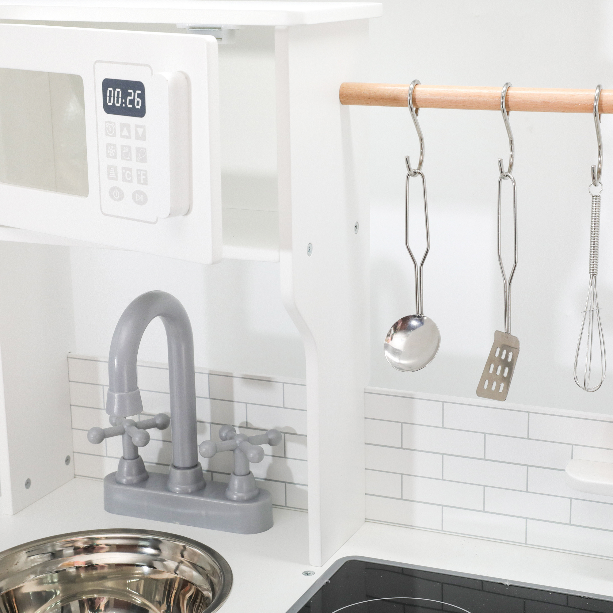 PolarB Little Chef's Kitchen with Light and Sound Classic White Wooden Roleplay Toy for Ages 3 and Up Includes Oven, Stove, Microwave, Sink, and Accessories