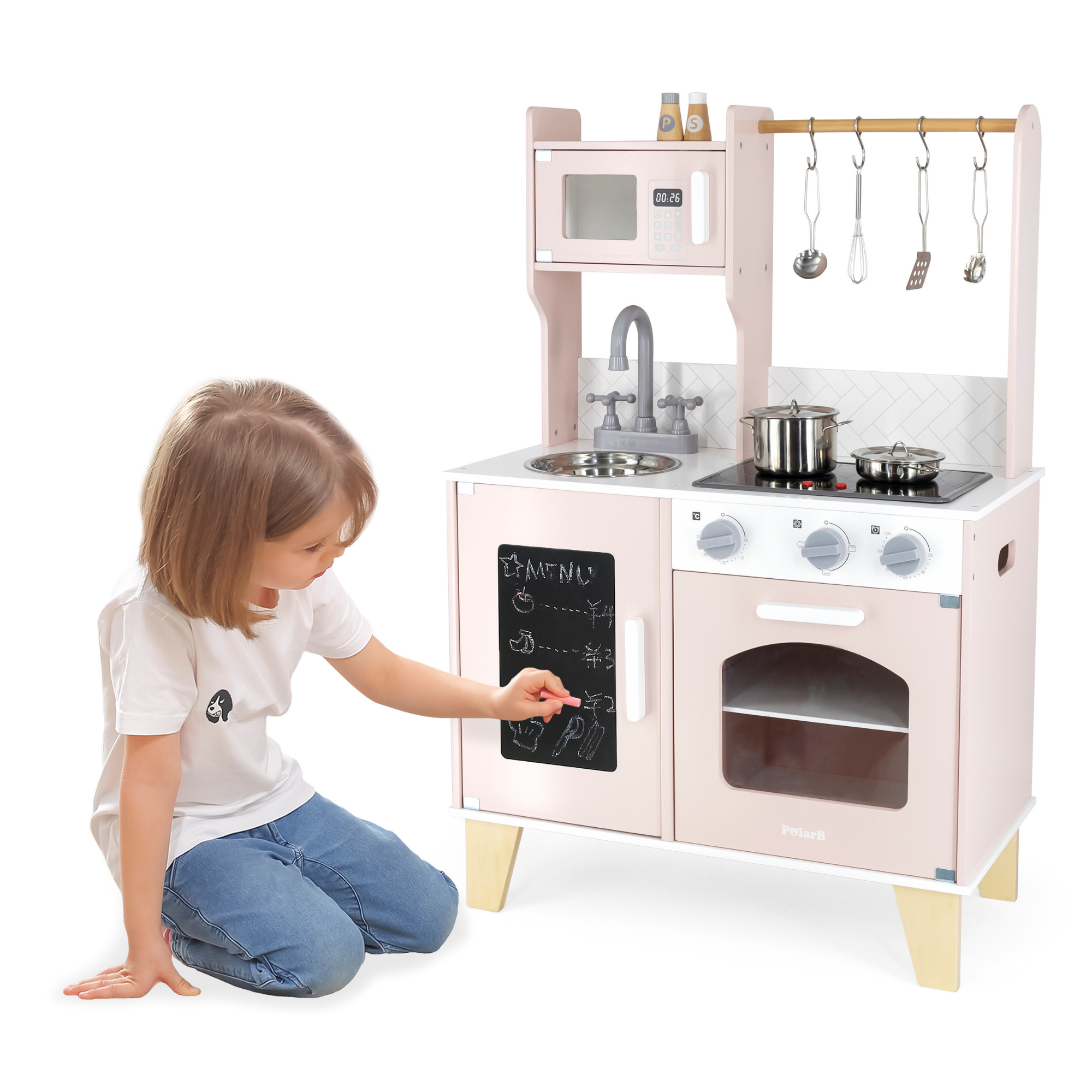 PolarB Little Chef's Kitchen with Light and Sound Pretty Pink Wooden Roleplay Toy for Ages 3 and Up Includes Oven, Stove, Microwave, Sink, and Accessories