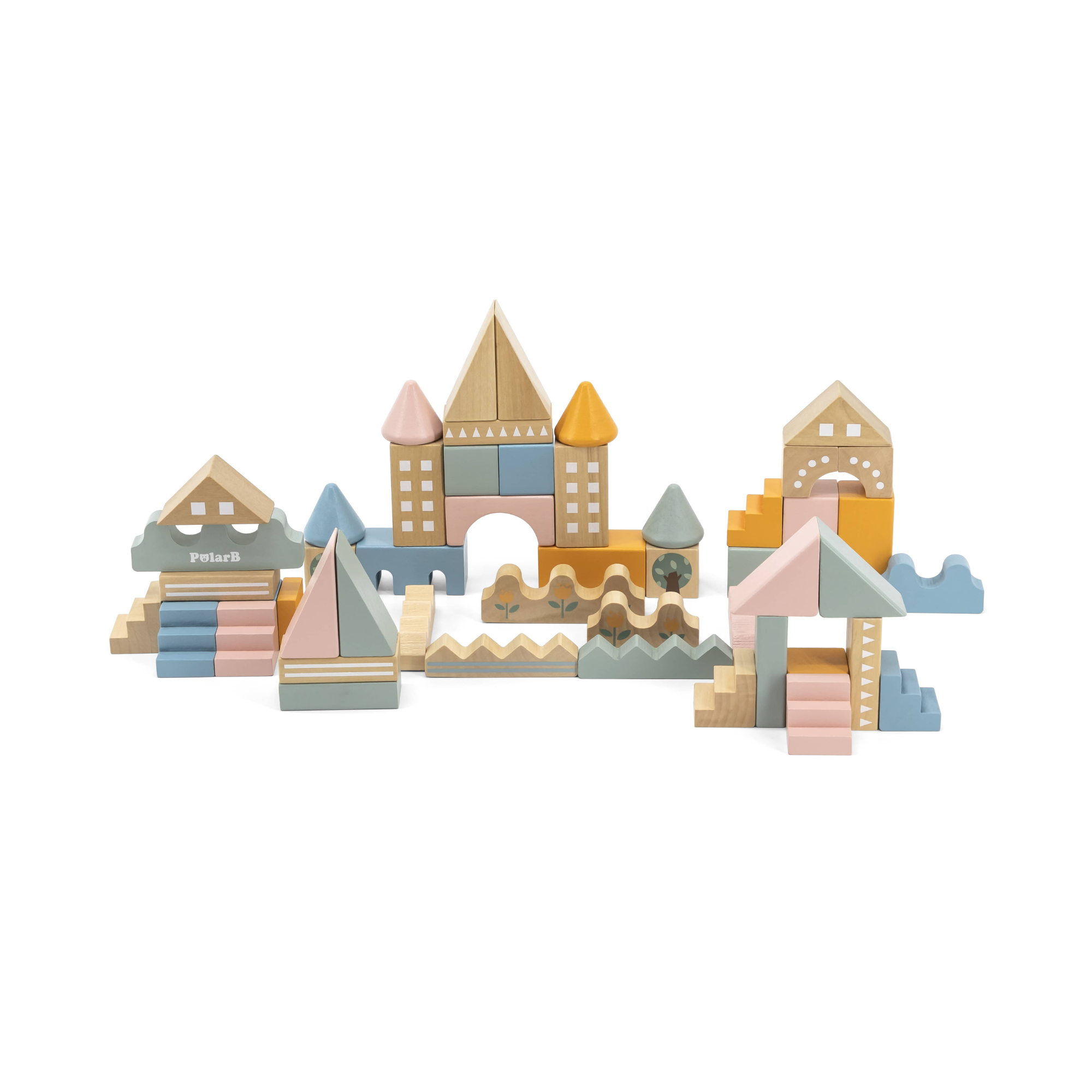PolarB City Building Blocks Set for Toddlers, 60-Piece Wooden Construction Toy with Vehicles and Accessories, Educational and Imaginative Play for Ages 2 and Up