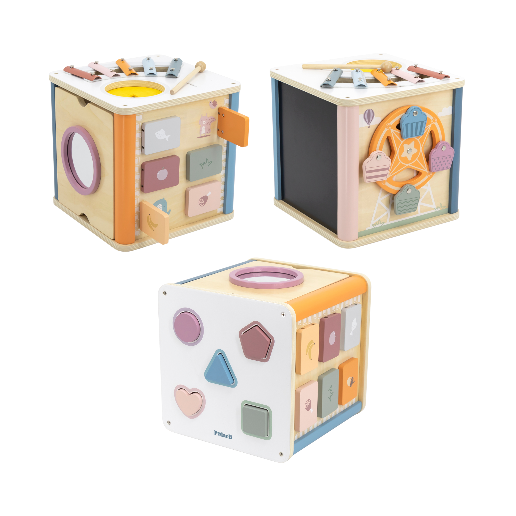 PolarB 8-in-1 Wooden Activity Cube for Toddlers, Sensory Learning Toy with Xylophone, Shape Sorter, Bead Maze, Mirror, Blackboard and More, Develops Fine Motor Skills and Creativity