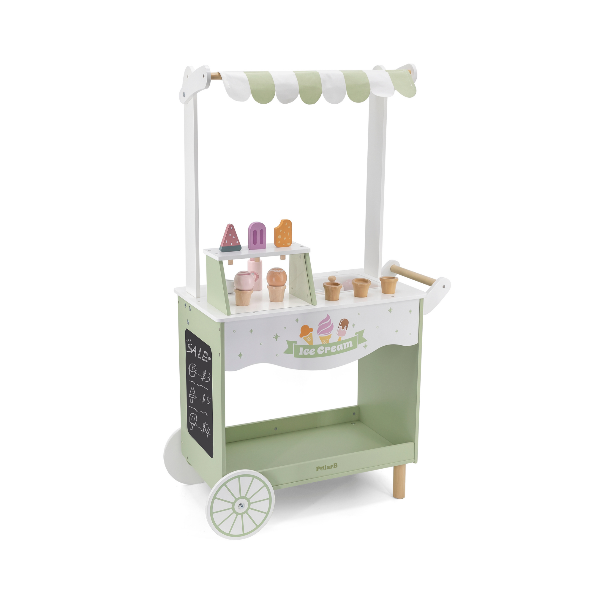 PolarB Wooden Ice Cream Cart, Large Pretend Play Trolley with Magnetic Scoop, Cones, Popsicles and Blackboard, Role Play Toy for Kids Ages 3+