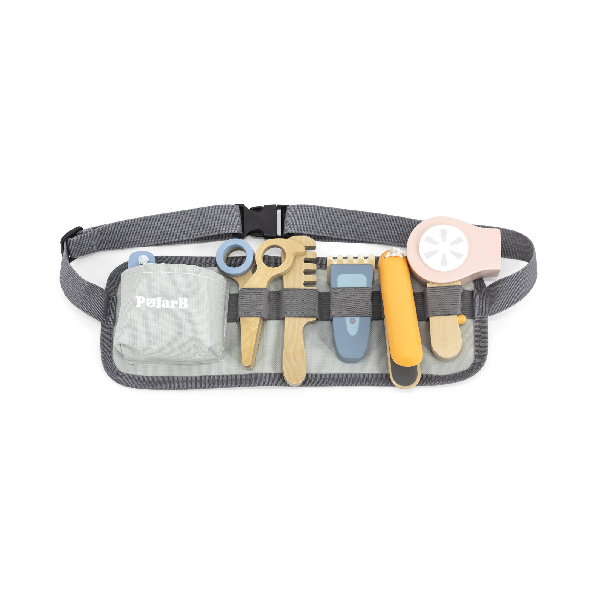 PolarB Wooden Hair Dressing Set for Kids, Pretend Play Hairdresser Toy with Adjustable Belt, Scissors, Comb, Dryer and Accessories, Age 3 and Up