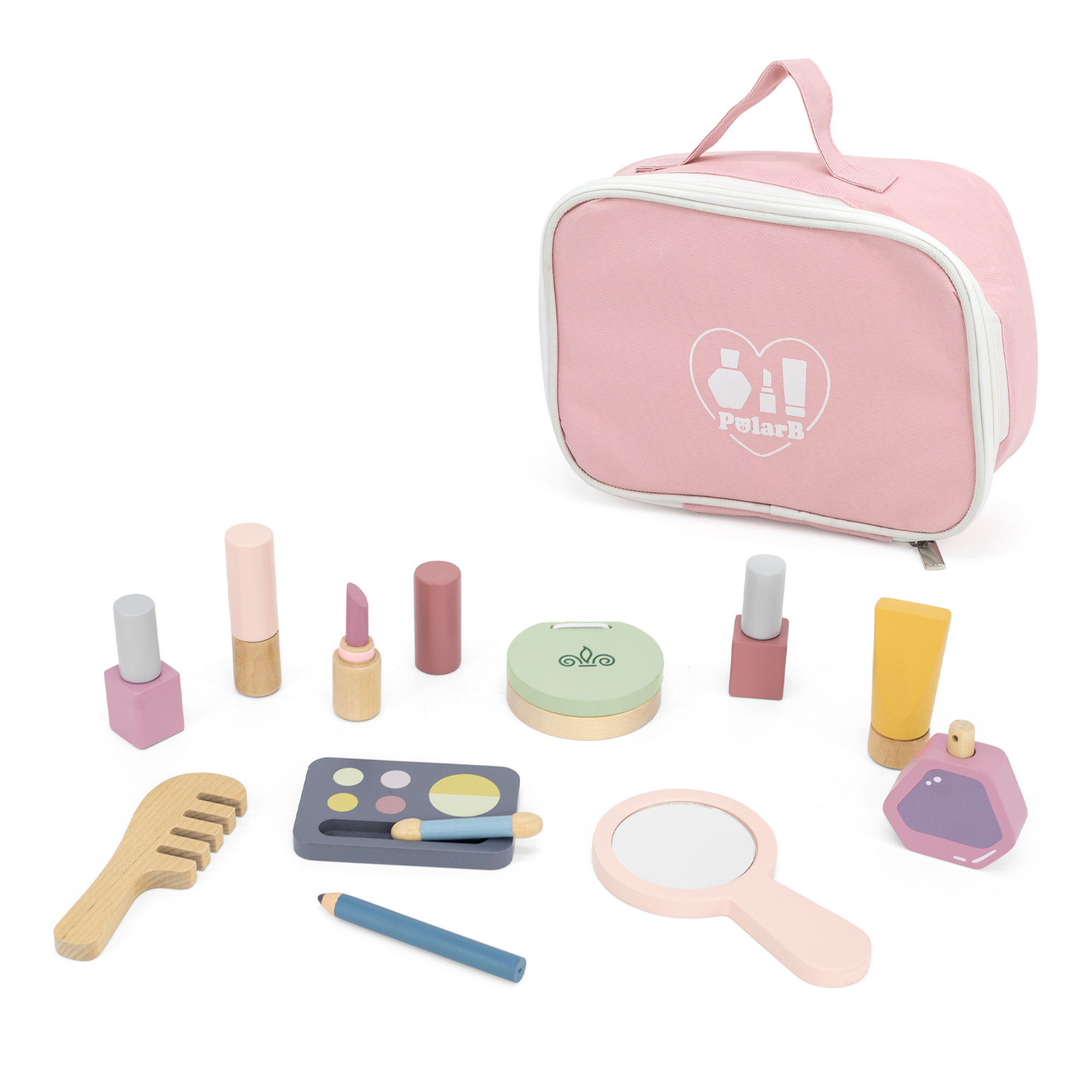 PolarB Wooden Make-up Set for Kids Ages 3 and Up  Roleplay Toy with Cosmetic Accessories and Portable Pink Bag