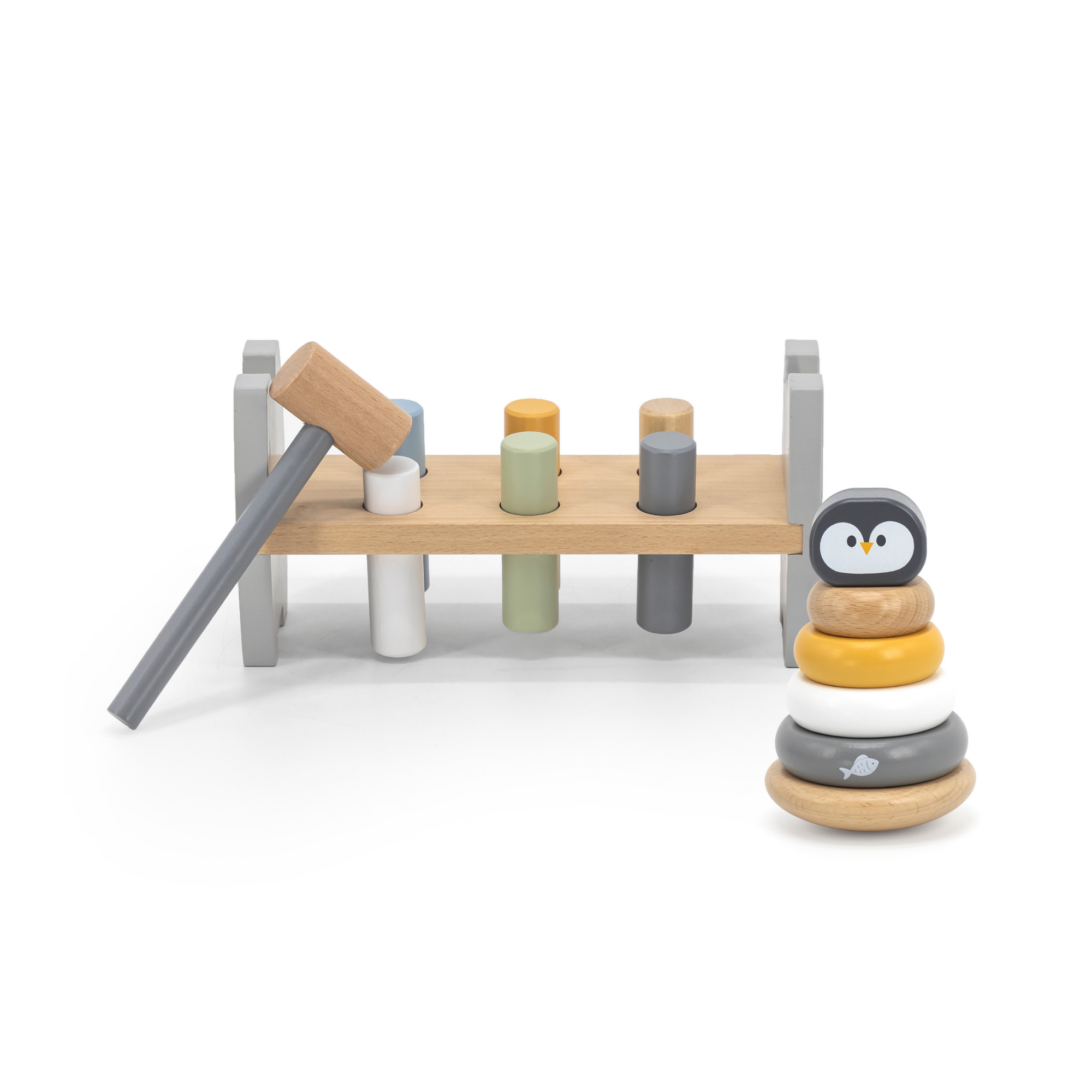 PolarB Penguin Stacker and Pounding Bench, 2-in-1 Wooden Baby Toy with Wobble Stacker and Hammer Bench, Develops Fine Motor Skills and Hand-Eye Coordination, For Ages 12 Months and Up