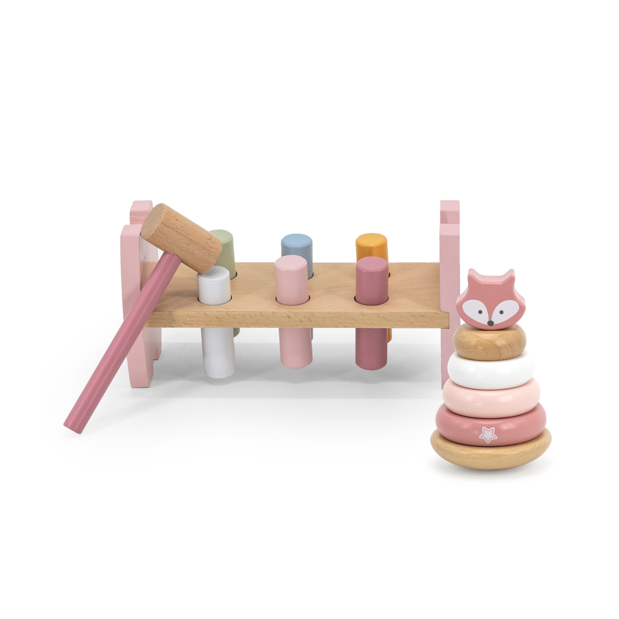 PolarB Fox Stacker and Pounding Bench Toy for Toddlers, 2-in-1 Wooden Fine Motor Skills Activity Toy for Babies, Color Recognition and Coordination Development, Ages 12 Months+