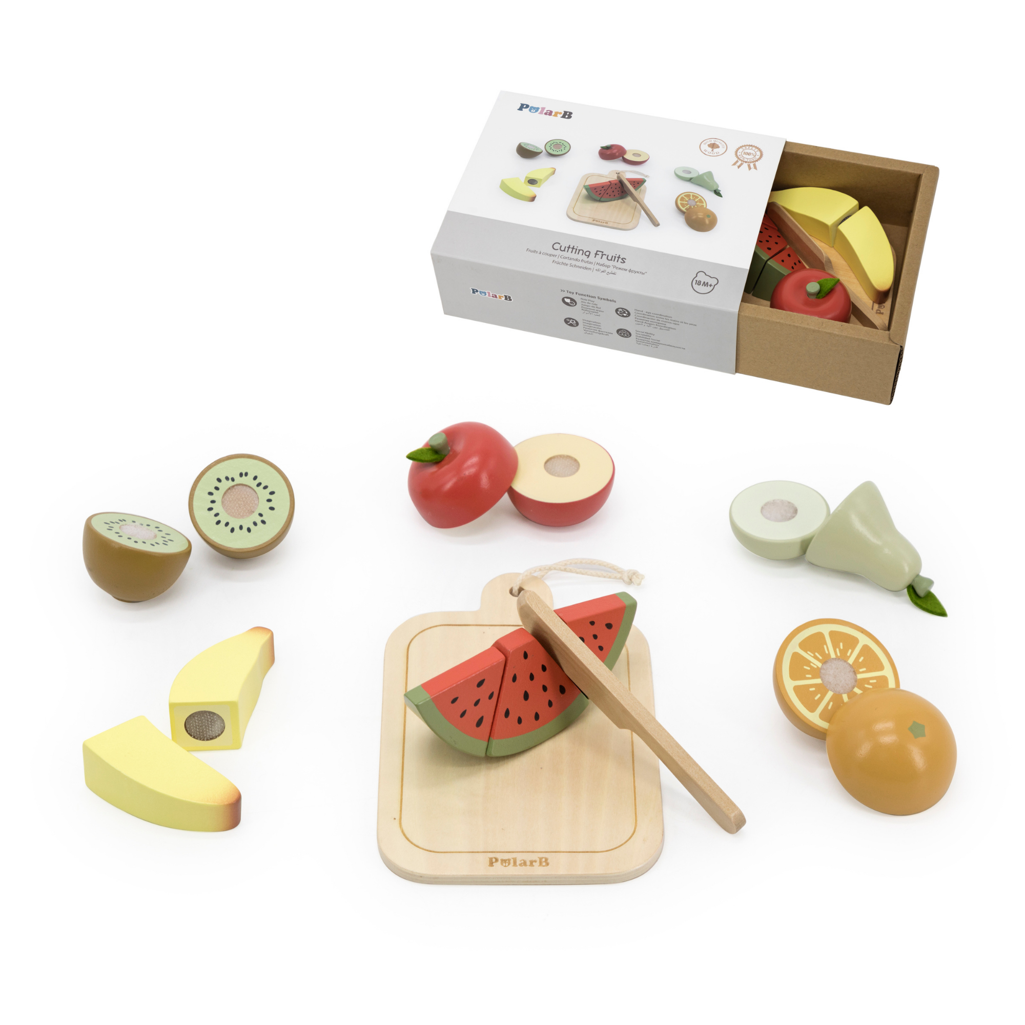 PolarB Wooden Cutting Fruits Play Set for Toddlers, Includes Knife, Cutting Board and 6 Colorful Fruits, Pretend Play Kitchen Toy for Motor Skill Development, Ages 18 Months and Up
