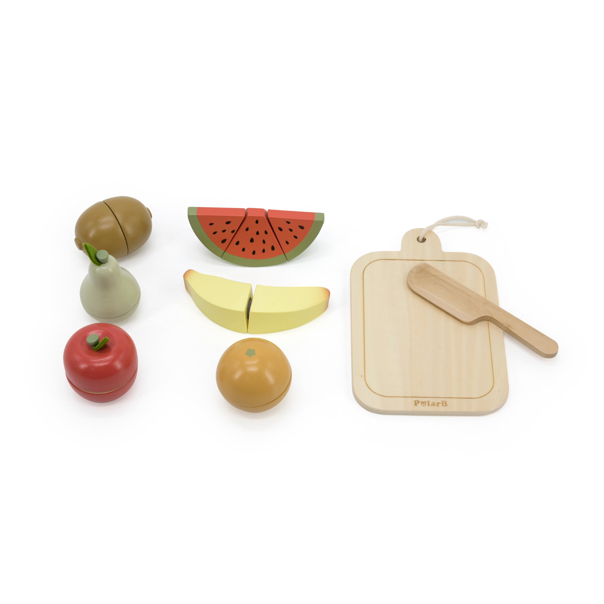 PolarB Wooden Cutting Fruits Play Set for Toddlers, Includes Knife, Cutting Board and 6 Colorful Fruits, Pretend Play Kitchen Toy for Motor Skill Development, Ages 18 Months and Up