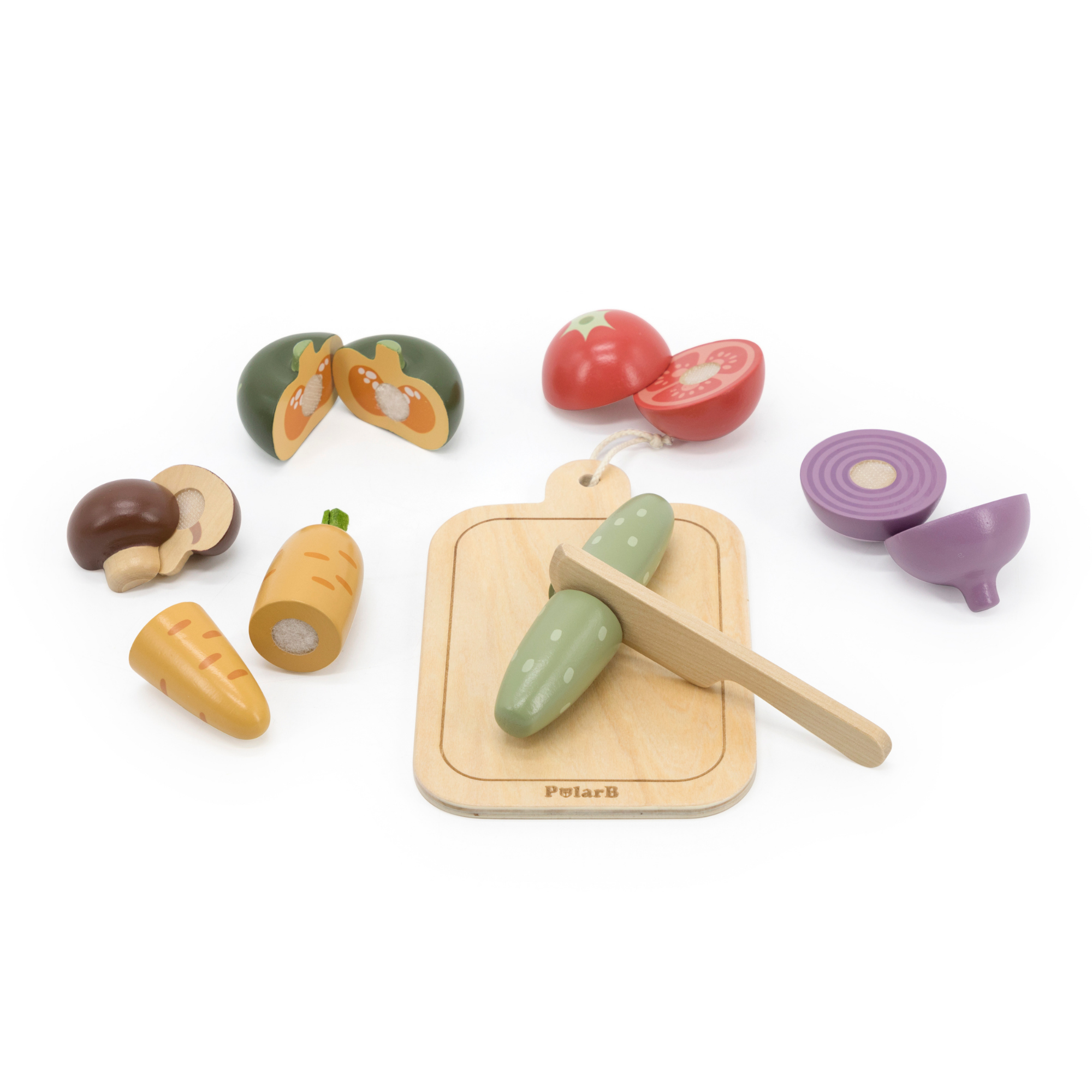 PolarB Wooden Vegetable Chopping Board Set, Pretend Play Cutting Toy with Knife and Board, Montessori Kitchen Learning Toy for Toddlers Ages 18 Months+