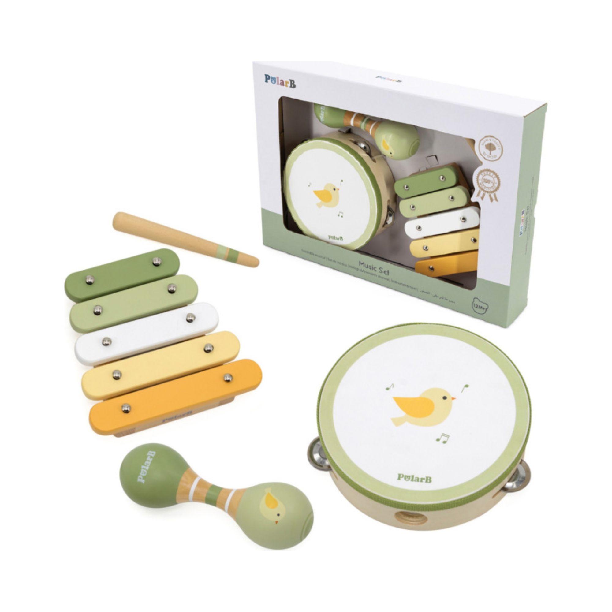 PolarB Bird Wooden Music Set for Toddlers, Includes Tambourine, Maracas and Xylophone, Musical Instrument Toy Kit for Early Learning and Creative Play, 18 Months and Up