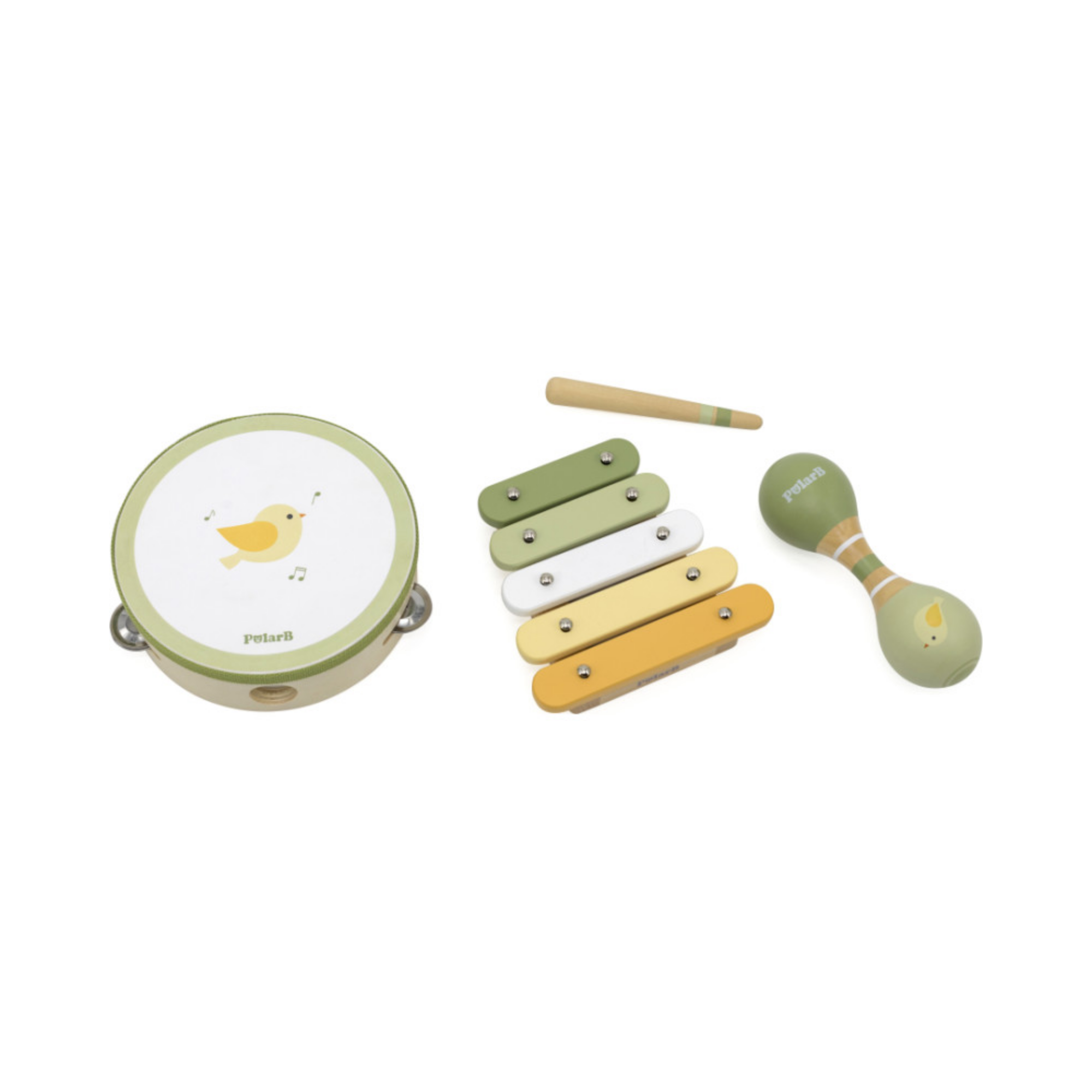 PolarB Bird Wooden Music Set for Toddlers, Includes Tambourine, Maracas and Xylophone, Musical Instrument Toy Kit for Early Learning and Creative Play, 18 Months and Up
