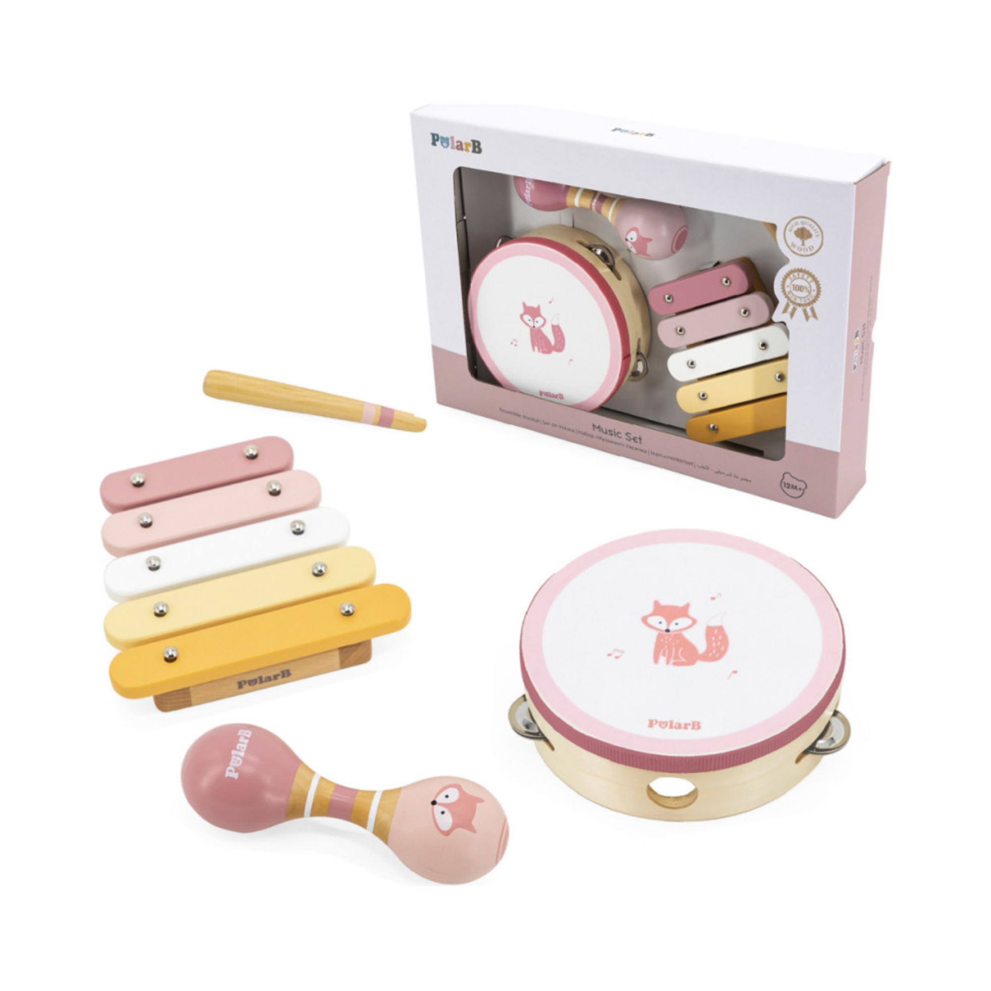 PolarB Fox Wooden Music Set for Toddlers, Includes Tambourine, Maracas and Xylophone, Musical Instrument Toy Kit for Early Learning and Creative Play, 18 Months and Up