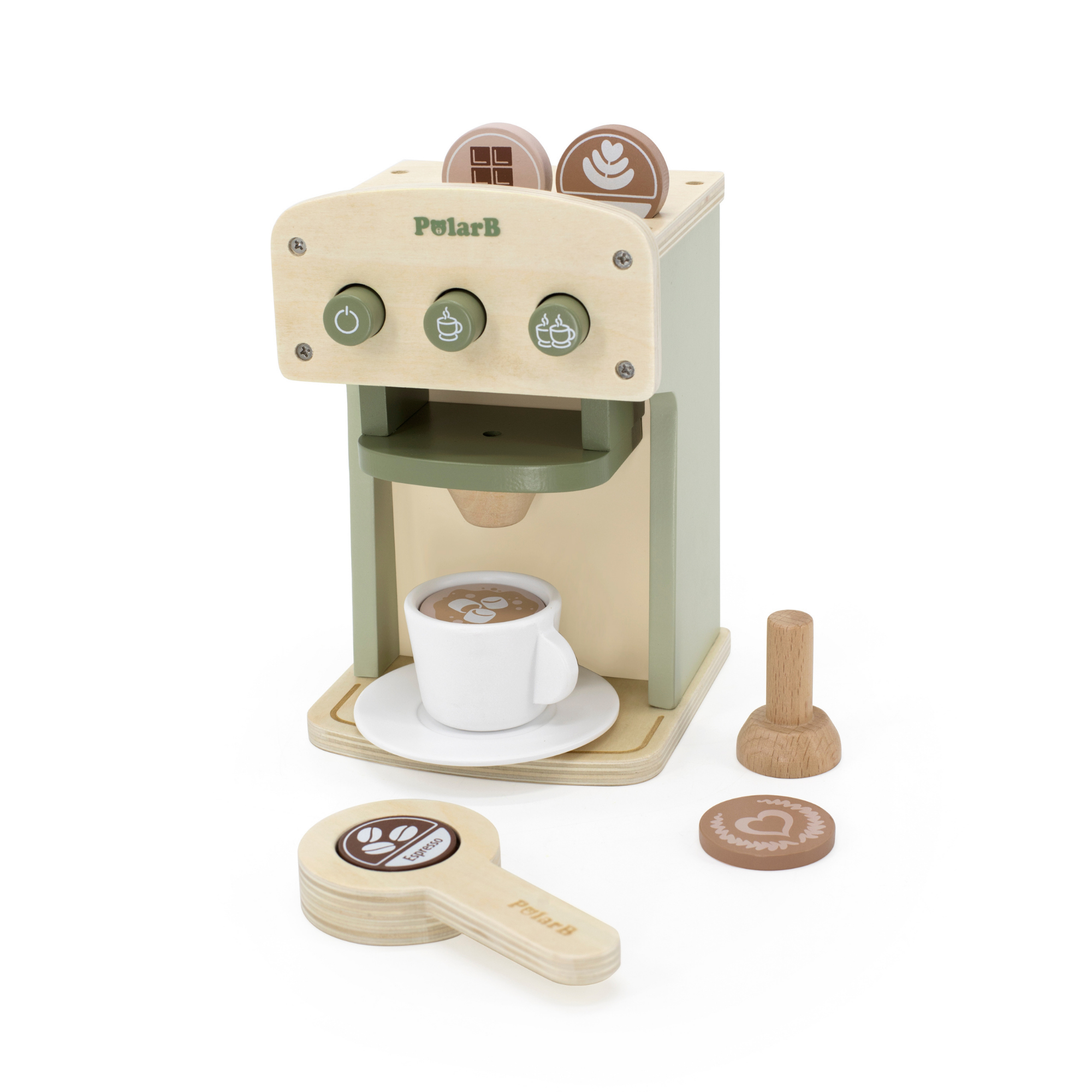 PolarB Wooden Coffee Machine Toy for Kids, Pretend Play Cafe Set with Cup, Saucer, Coffee Pods and Accessories, Role Play Barista Toy for Ages 3 and Up