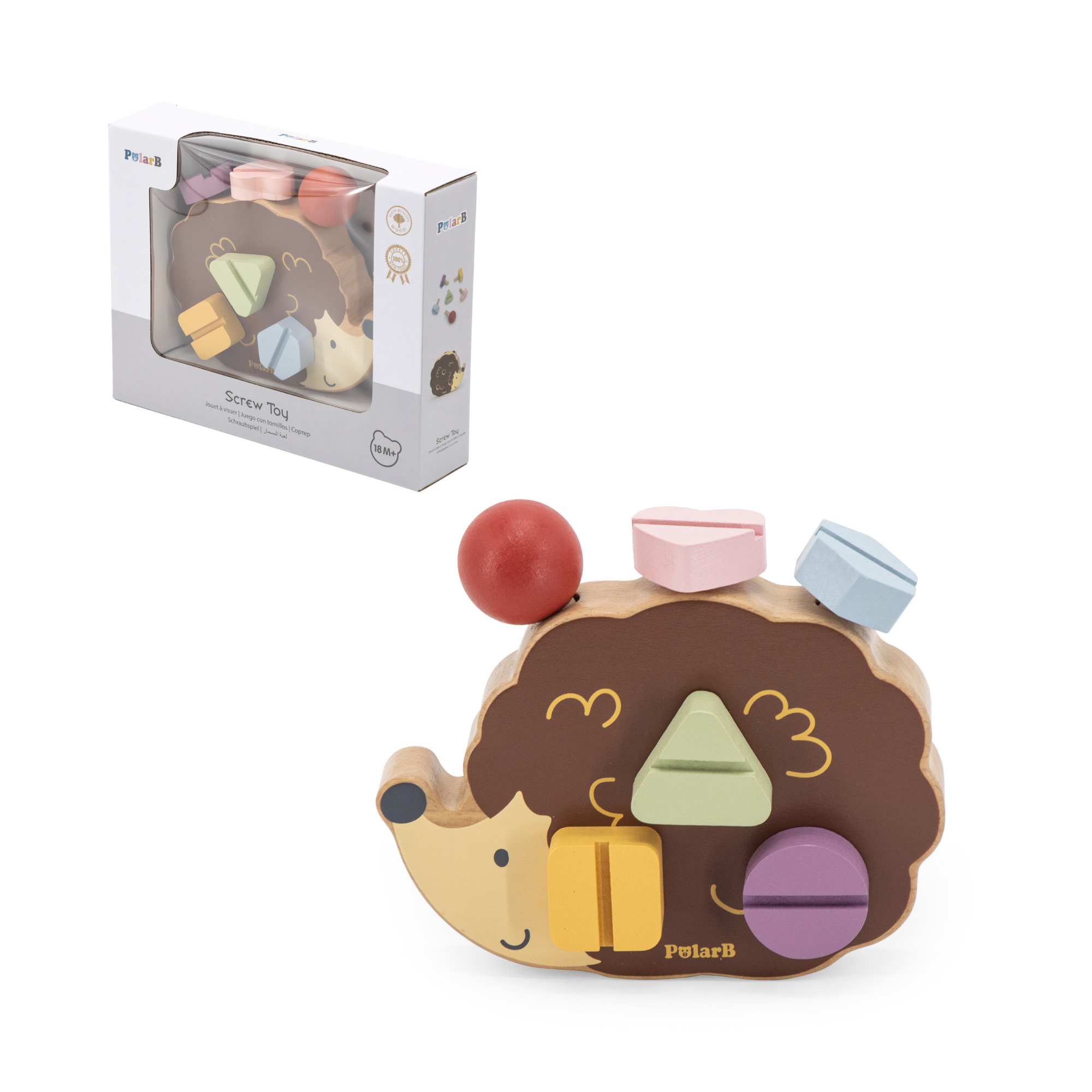 PolarB Wooden Pull Along Hedgehog Toy with Shape Sorting Wheel, Montessori-Inspired Non-Toxic Educational Toy for Toddlers, Promotes Motor Skills and Coordination, Multicolored, Age 24 Months Plus