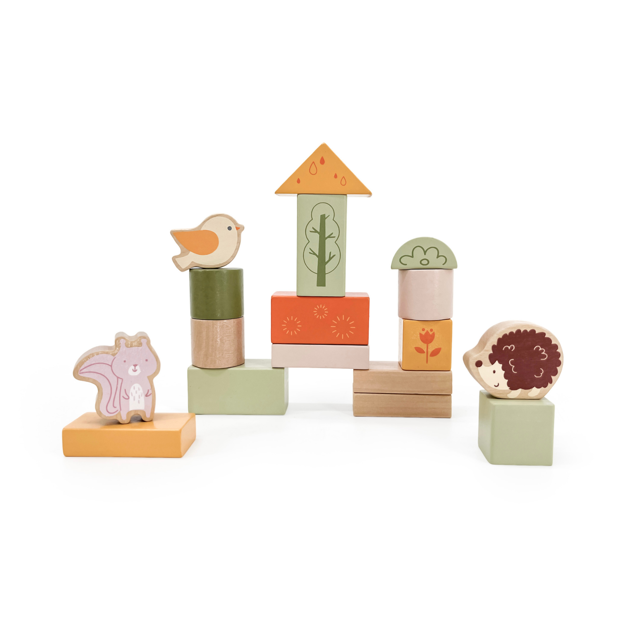 PolarB Wooden Blocks Set 50 Pieces, Green Forest Theme, Eco-Friendly Building and Stacking Toy for Toddlers, Includes Forest Animals and Shapes, Educational Toy for Kids 12 Months and Up
