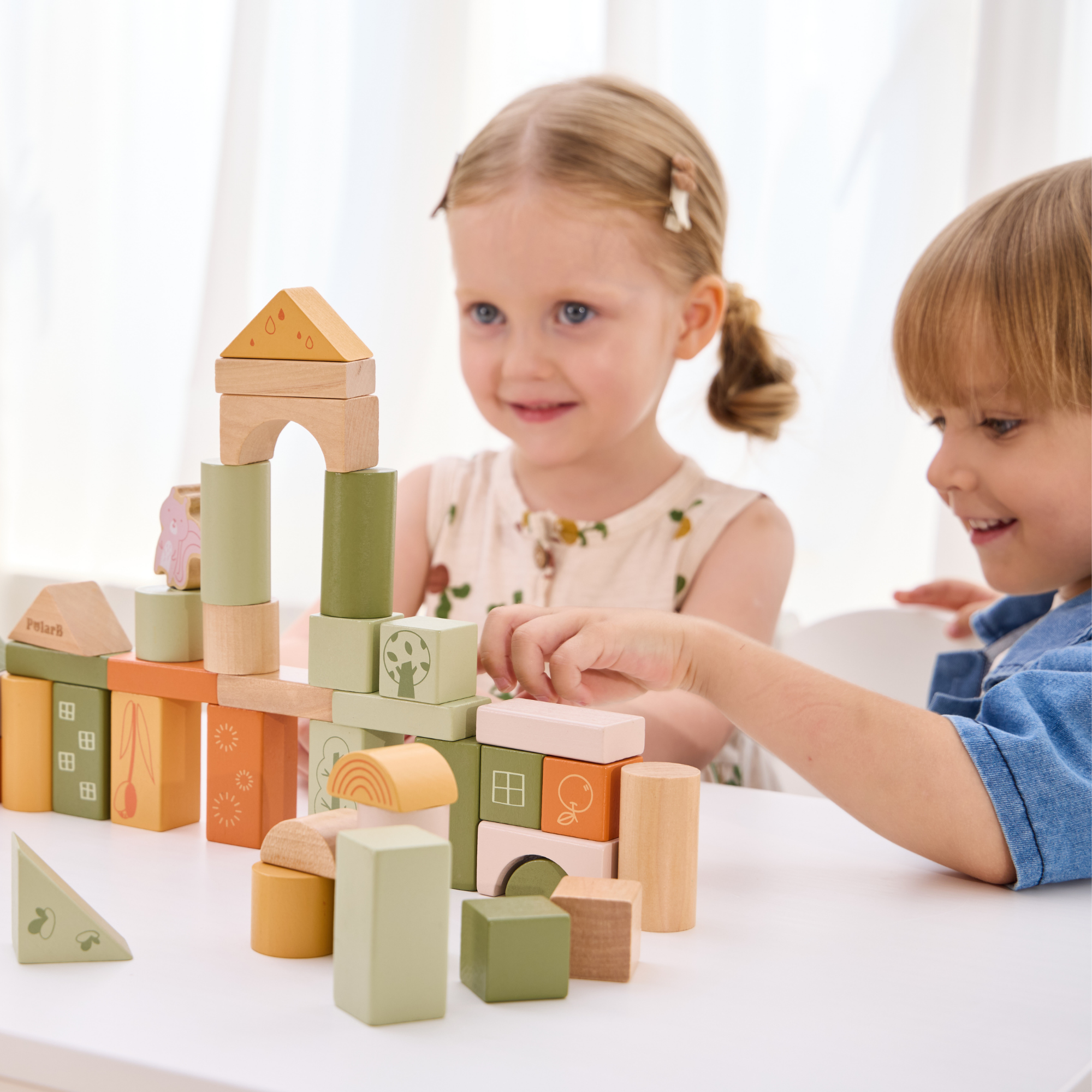 PolarB Wooden Blocks Set 50 Pieces, Green Forest Theme, Eco-Friendly Building and Stacking Toy for Toddlers, Includes Forest Animals and Shapes, Educational Toy for Kids 12 Months and Up
