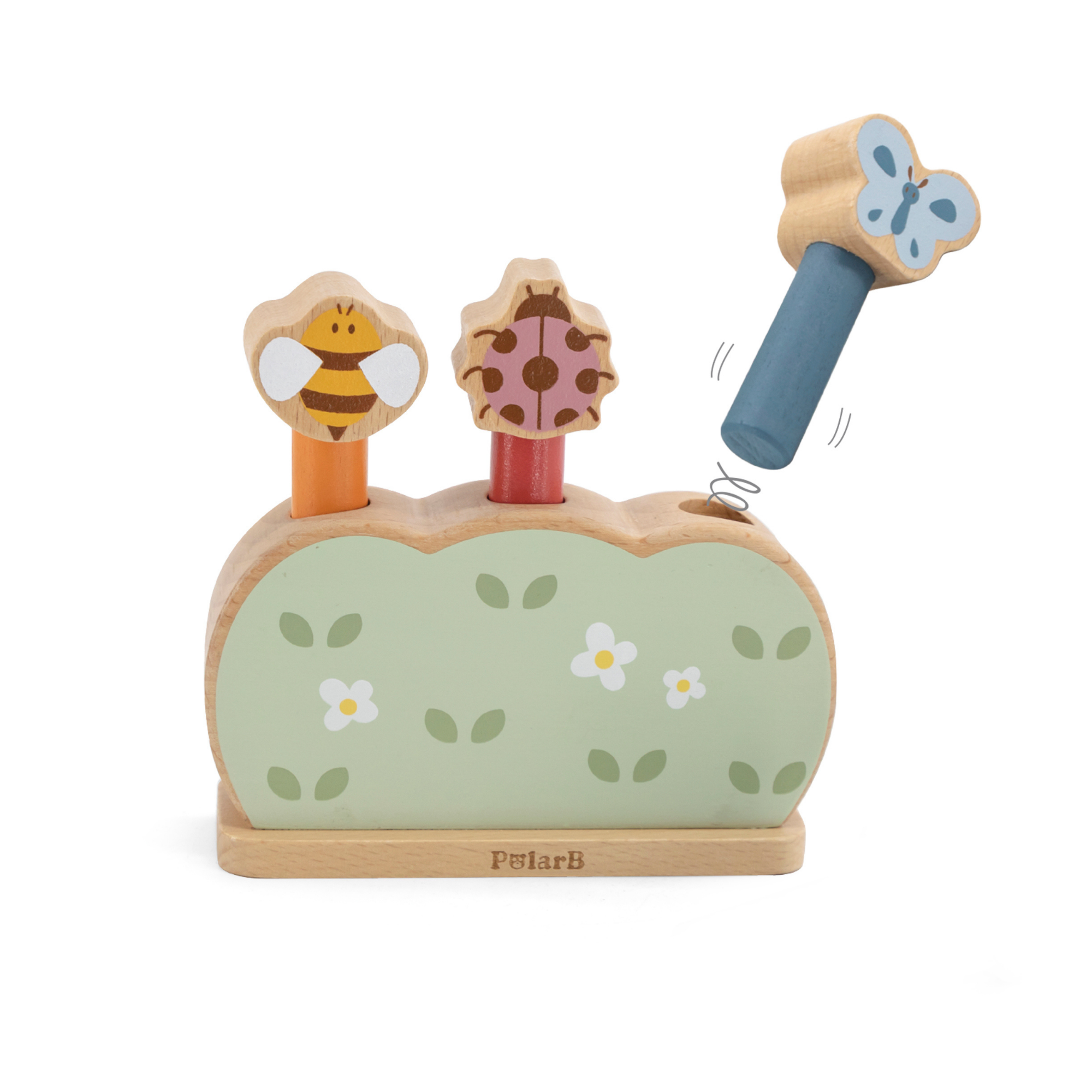 PolarB Wooden Pop-Up Garden Toy for Toddlers, Jumping Animal Peg Game for Fine Motor Skills, Hand-Eye Coordination and Cause-and-Effect Learning, Age 18 Months+