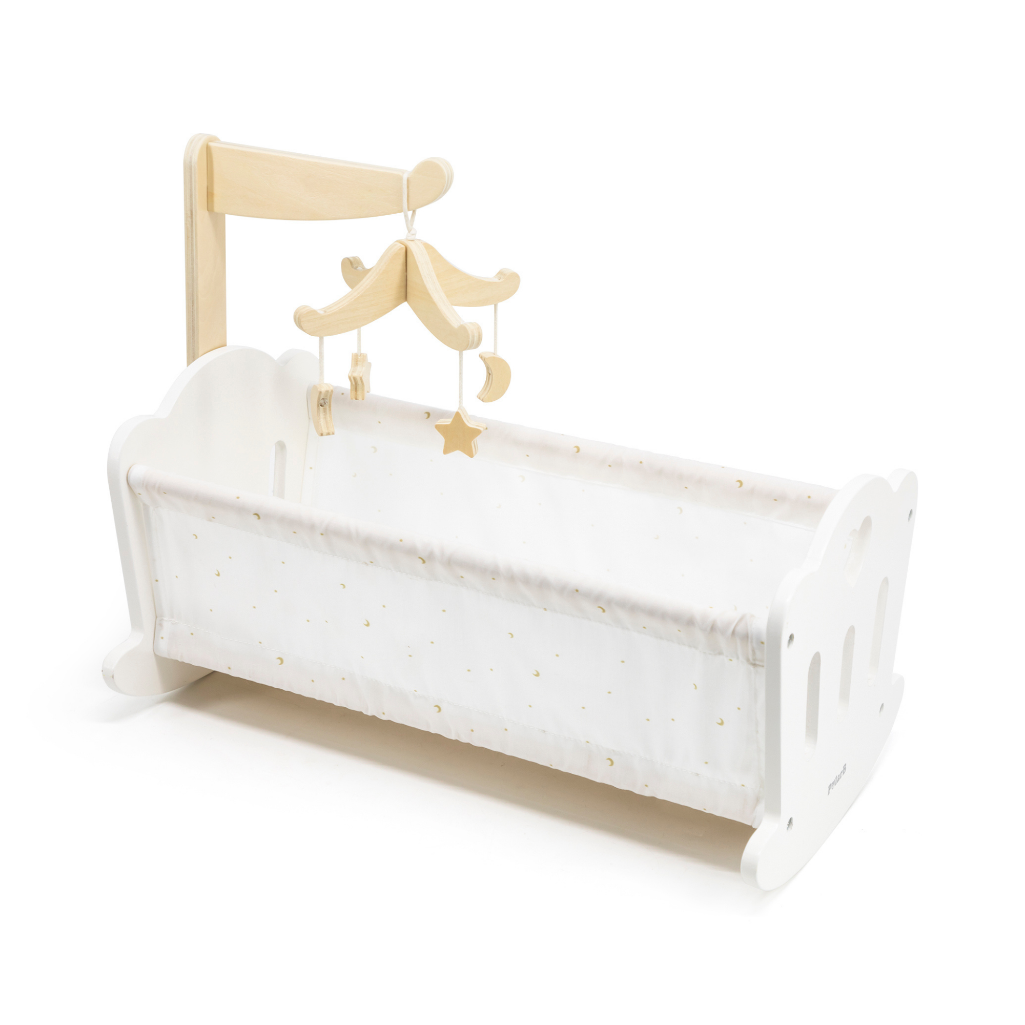 PolarB Wooden Doll Cradle by , Solid Wood Rocking Cot with Pillow, Blanket, and Crib Mobile, Fits Dolls Up to 38 cm, Ages 3+