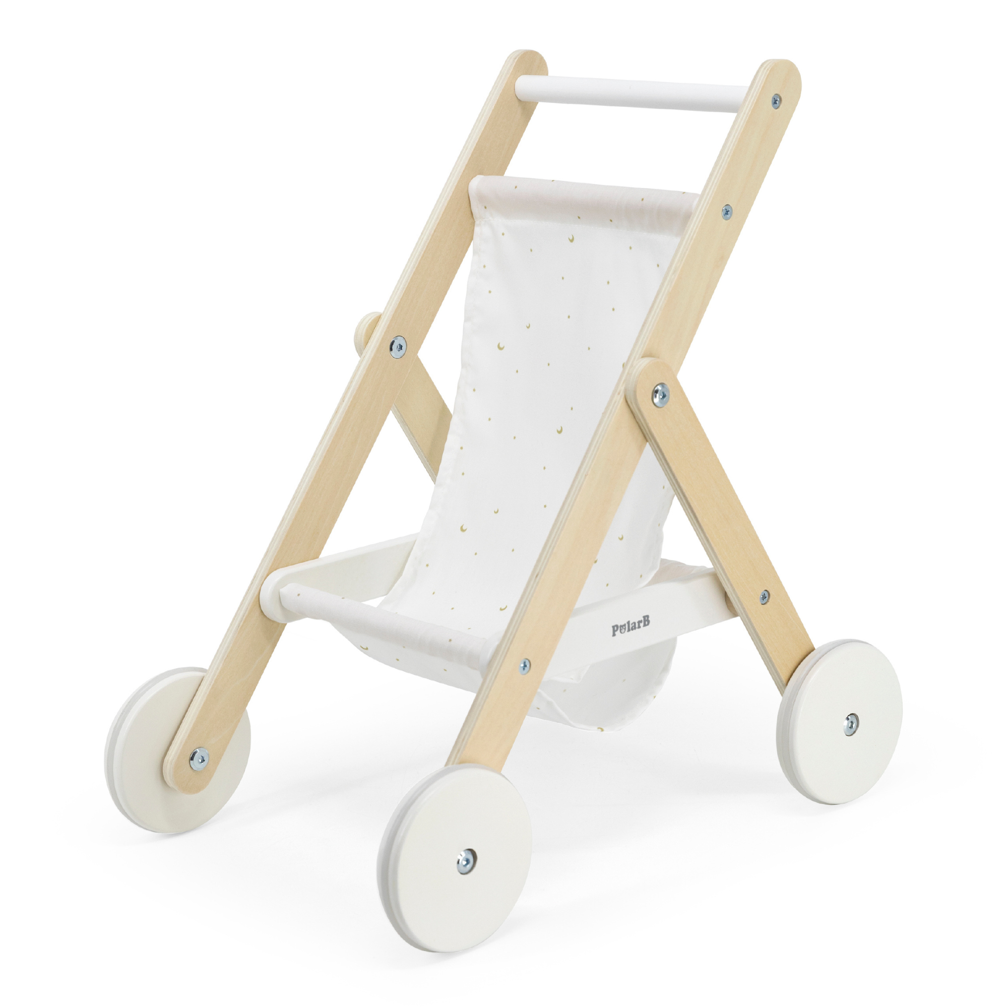 PolarB Wooden Doll Stroller for Kids Ages 3 and Up  Roleplay Toy with Rubber Wheels and Storage Basket