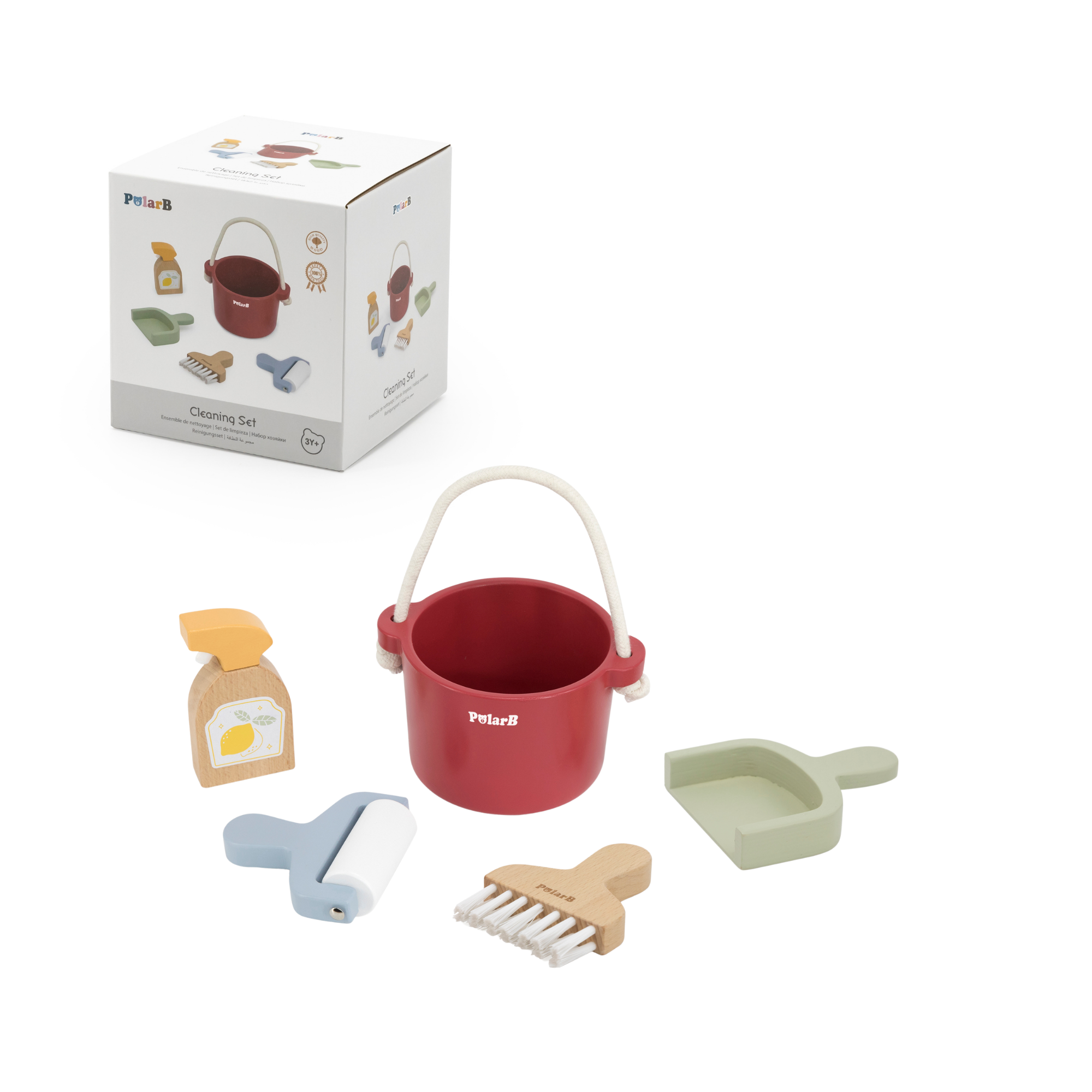 PolarB Wooden Cleaning Set for Kids, Realistic Pretend Play Cleaning Toys with Bucket, Brush, Dustpan, Montessori Toy for Children Ages 3 and Up