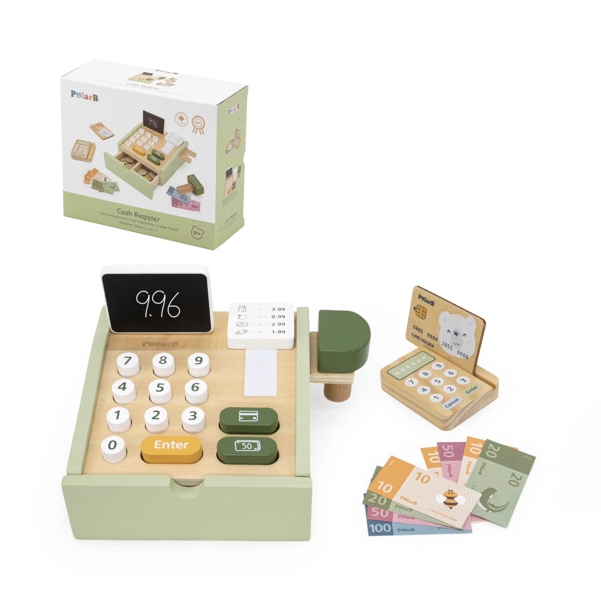 PolarB Wooden Cash Register Toy for Kids, Pretend Play Checkout Set with Scanner, Credit Card, Coins, and Receipt Roll, Educational Role Play Toy for Ages 3 and Up