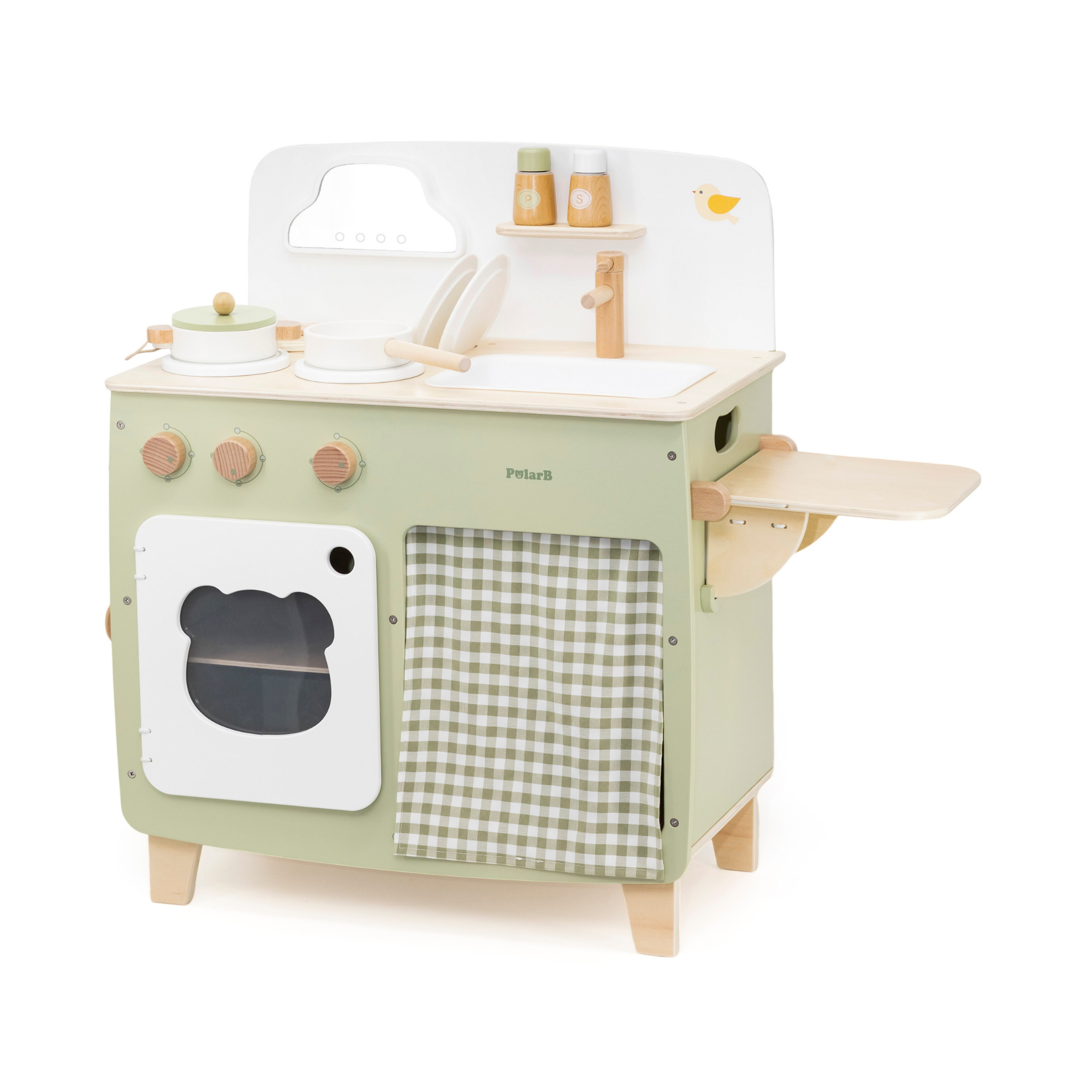 PolarB Wooden Play Kitchen Set for Kids, Pretend Cooking Toy with Stove, Sink, Oven, Utensils, Pots, and Foldable Side Table, Encourages Creative and Imaginative Play for Toddlers