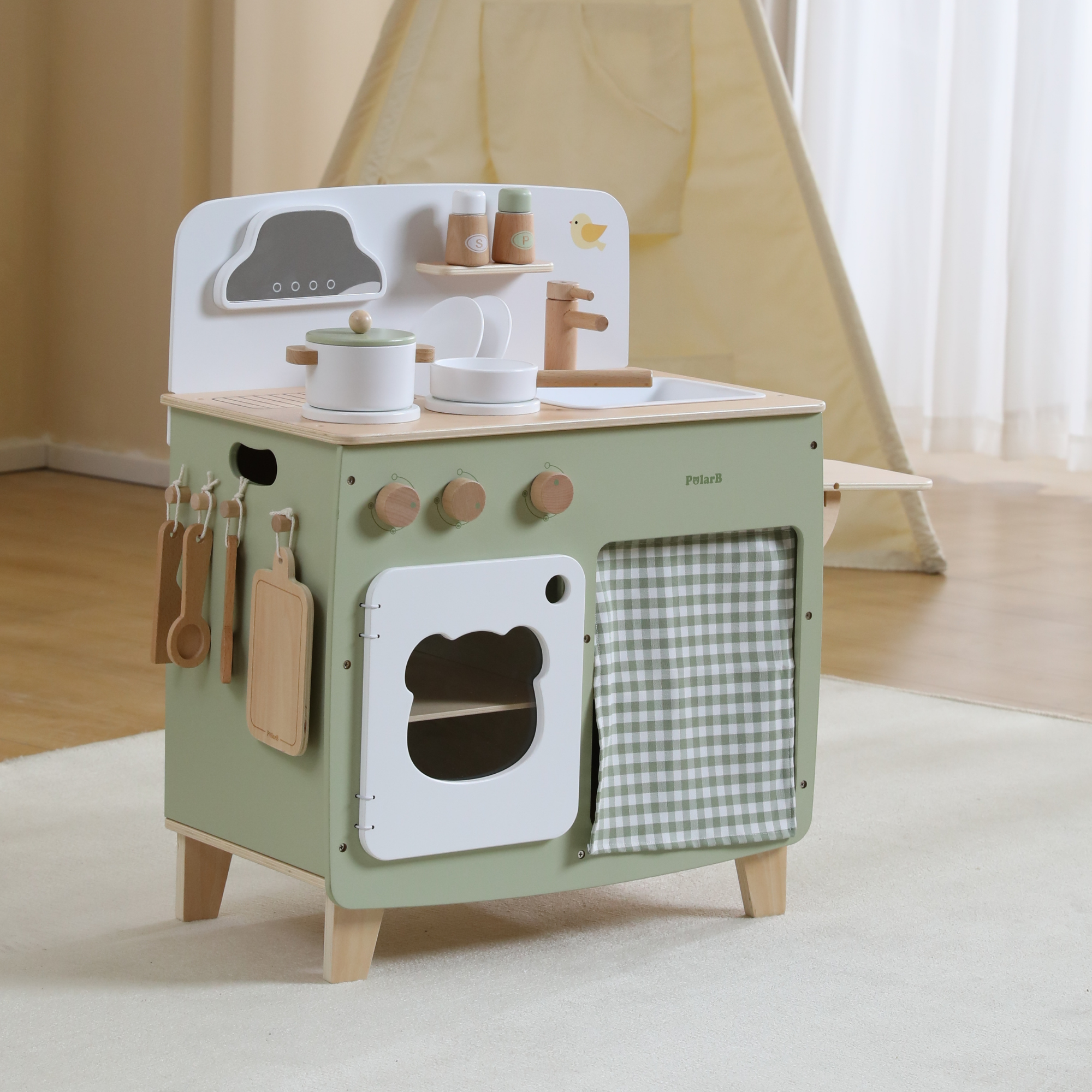 PolarB Wooden Play Kitchen Set for Kids, Pretend Cooking Toy with Stove, Sink, Oven, Utensils, Pots, and Foldable Side Table, Encourages Creative and Imaginative Play for Toddlers