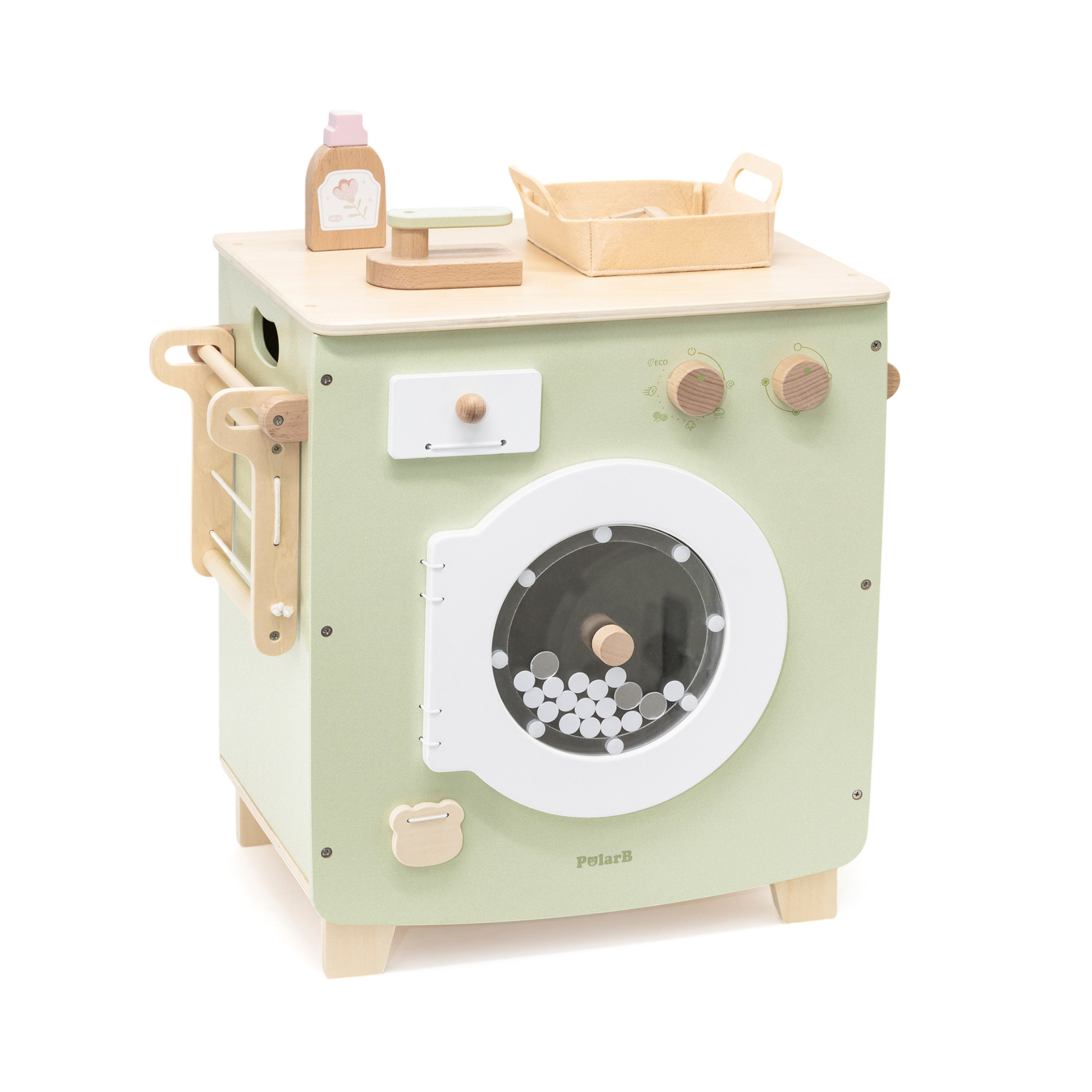 PolarB Wooden Washing Machine Play Set for Kids, Pretend Laundry Toy with Iron, Detergent, Basket, Clothes and Clips, Realistic Role Play for Toddlers and Children