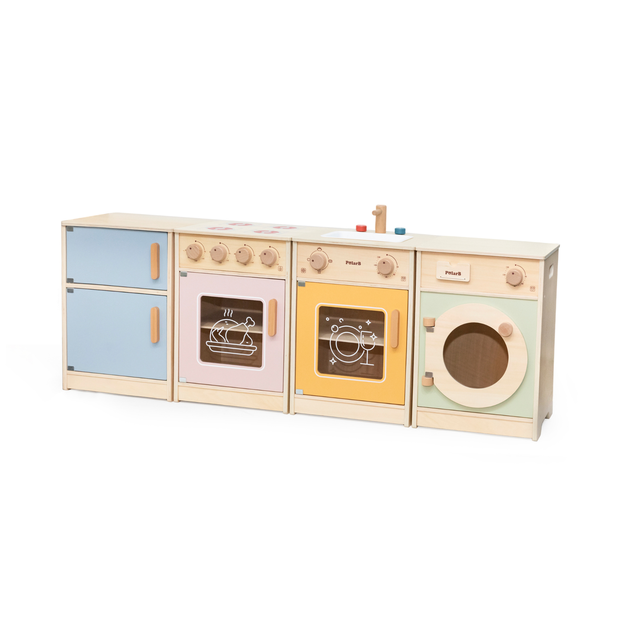 PolarB Wooden Kitchen Set for Toddlers with Fridge, Oven, Sink, and Washing Machine, Realistic Play Kitchen for Ages 18 Months and Up, Encourages Imaginative and Social Play