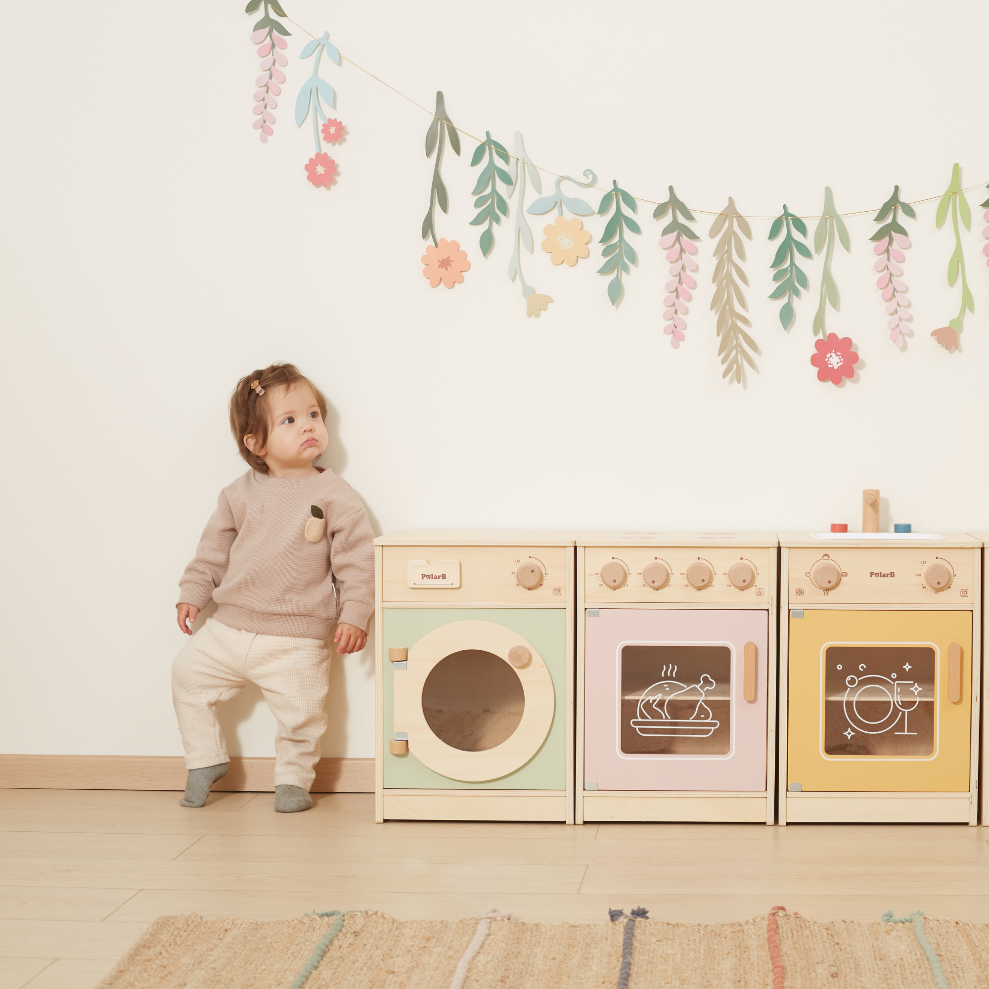 PolarB Wooden Kitchen Set for Toddlers with Fridge, Oven, Sink, and Washing Machine, Realistic Play Kitchen for Ages 18 Months and Up, Encourages Imaginative and Social Play