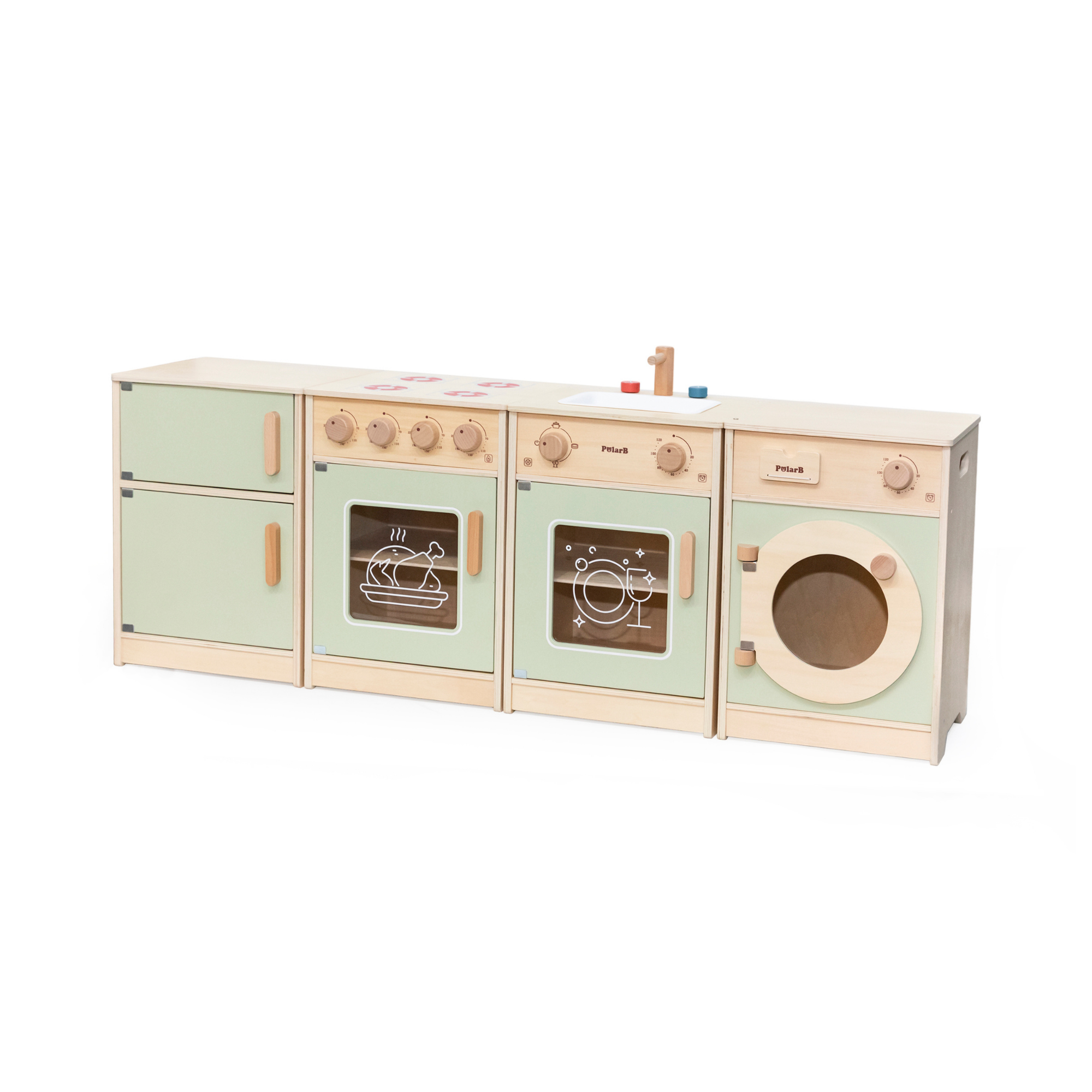 PolarB Sage Green Wooden Toddler Kitchen Playset for Ages 18 Months and Up, Includes Fridge, Stove, Sink, Dishwasher and Washing Machine, Encourages Imaginative and Social Play