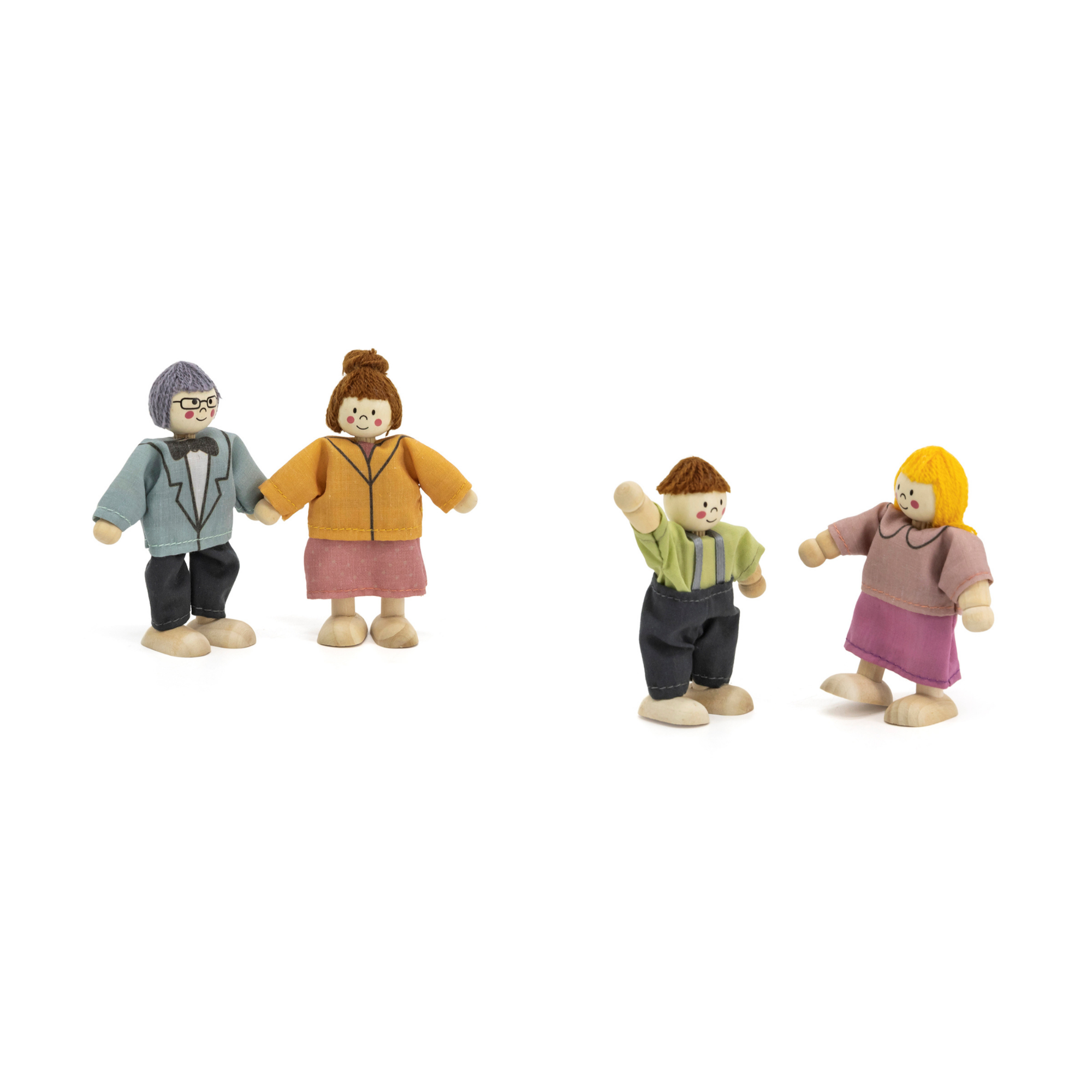 PolarB Wooden Doll Family Set 44254, 4-Piece Poseable Figures with Fabric Clothes, Ideal for Dollhouse Play and Role-Playing for Ages 3+