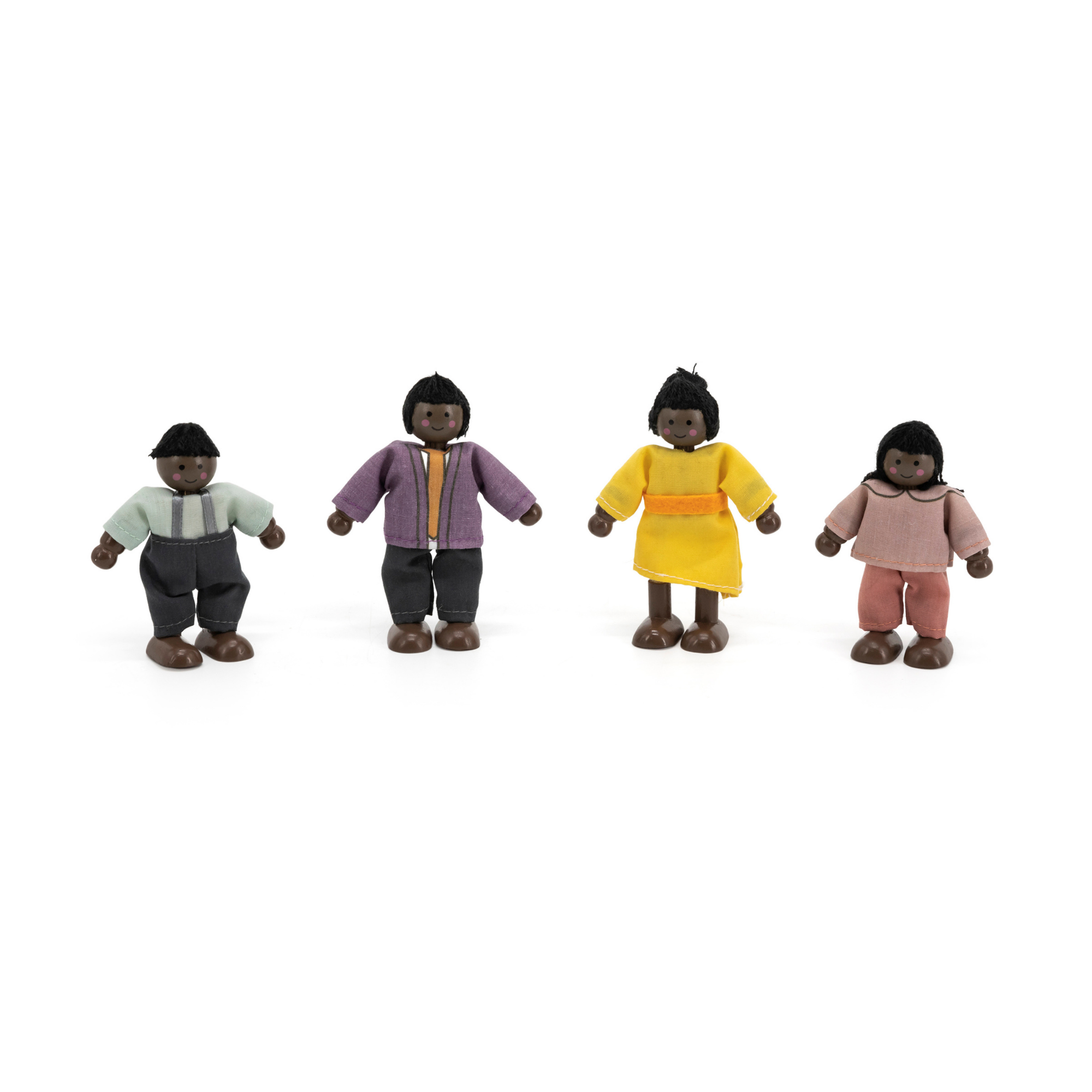 PolarB Wooden Doll Family Set 44255, 4-Piece Poseable Figures with Fabric Clothes, Ideal for Dollhouse Play and Role-Playing for Ages 3+