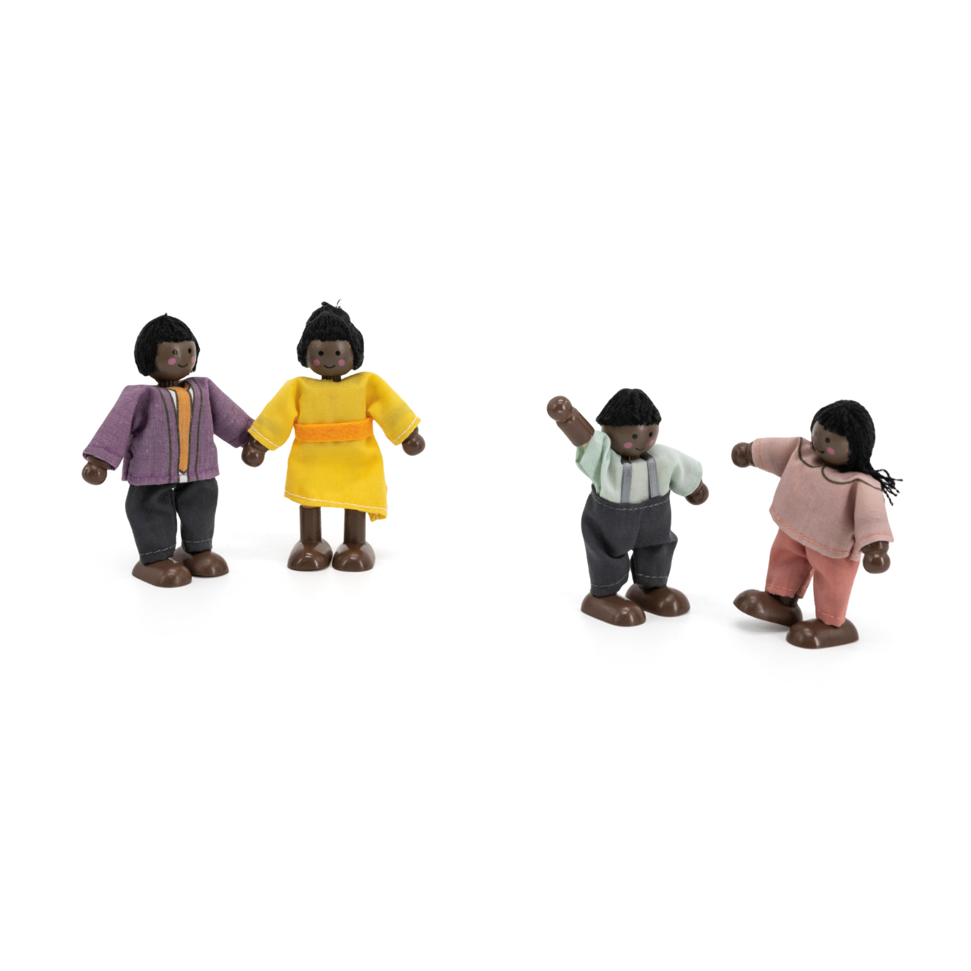 PolarB Wooden Doll Family Set 44255, 4-Piece Poseable Figures with Fabric Clothes, Ideal for Dollhouse Play and Role-Playing for Ages 3+